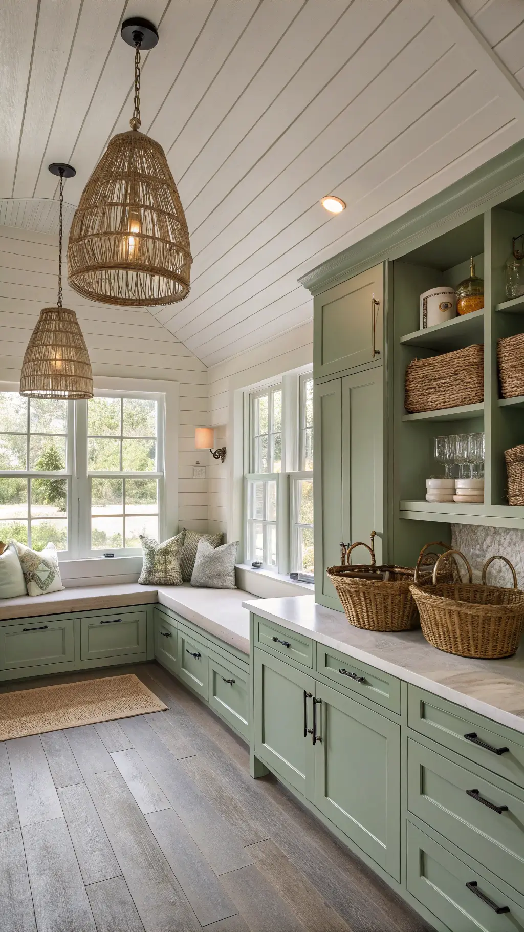 A 16x14ft coastal sage green kitchen with ship lap ceiling, beadboard cabinets with rope pulls, white quartzite counters, weathered oak floors and rattan pendant lights. It features diffused natural light through plantation shutters and a built-in window seat with storage, adorned with woven baskets, glass fishing floats and driftwood accents. Image shot from entrance capturing full room depth.