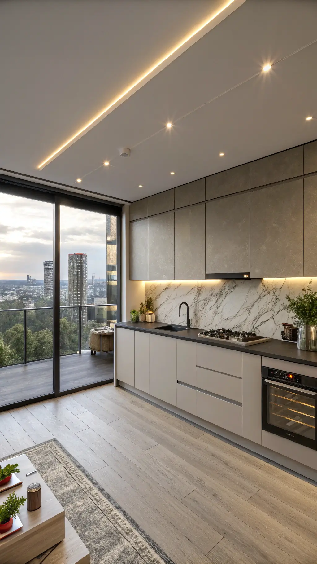 Sophisticated minimalist kitchen featuring sleek greige handleless cabinets, black granite countertops, dramatic LED lighting and floor-to-ceiling windows with city views, styled with matte black accessories and architectural greenery.