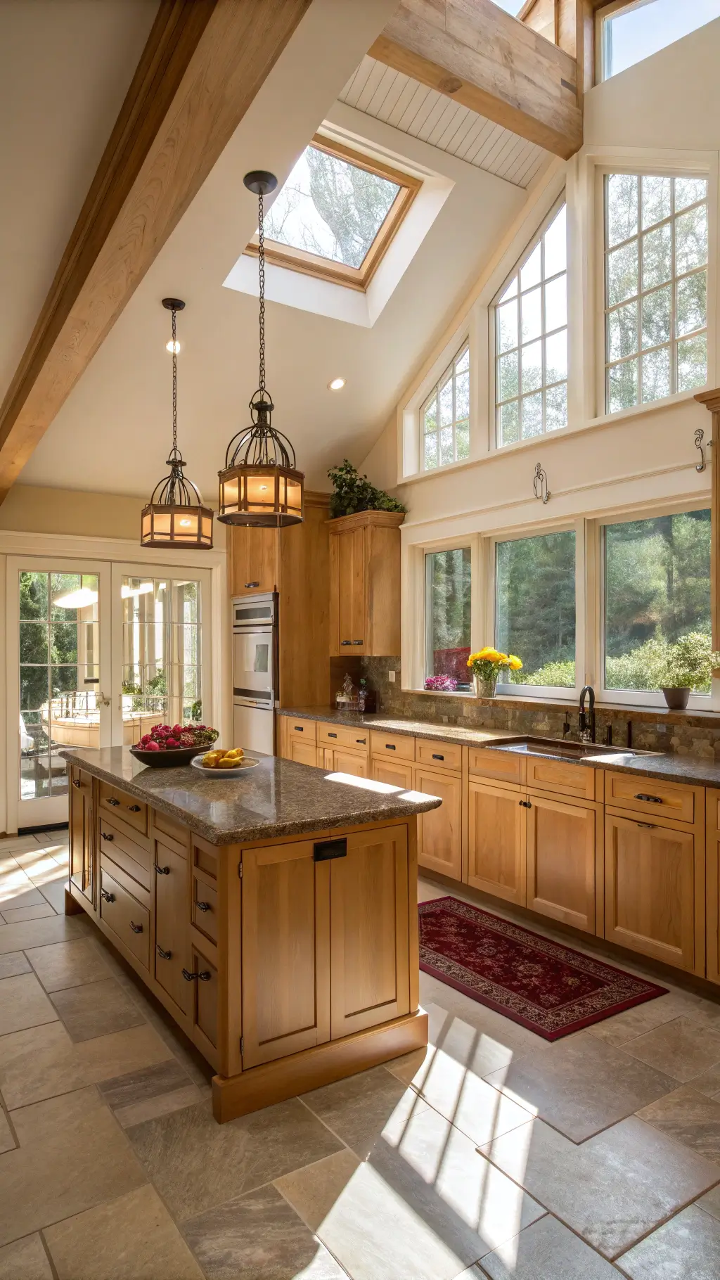 Bright, spacious kitchen with vaulted ceilings, maple Shaker-style cabinets, quartzite countertops and floor-to-ceiling windows captured at golden hour.