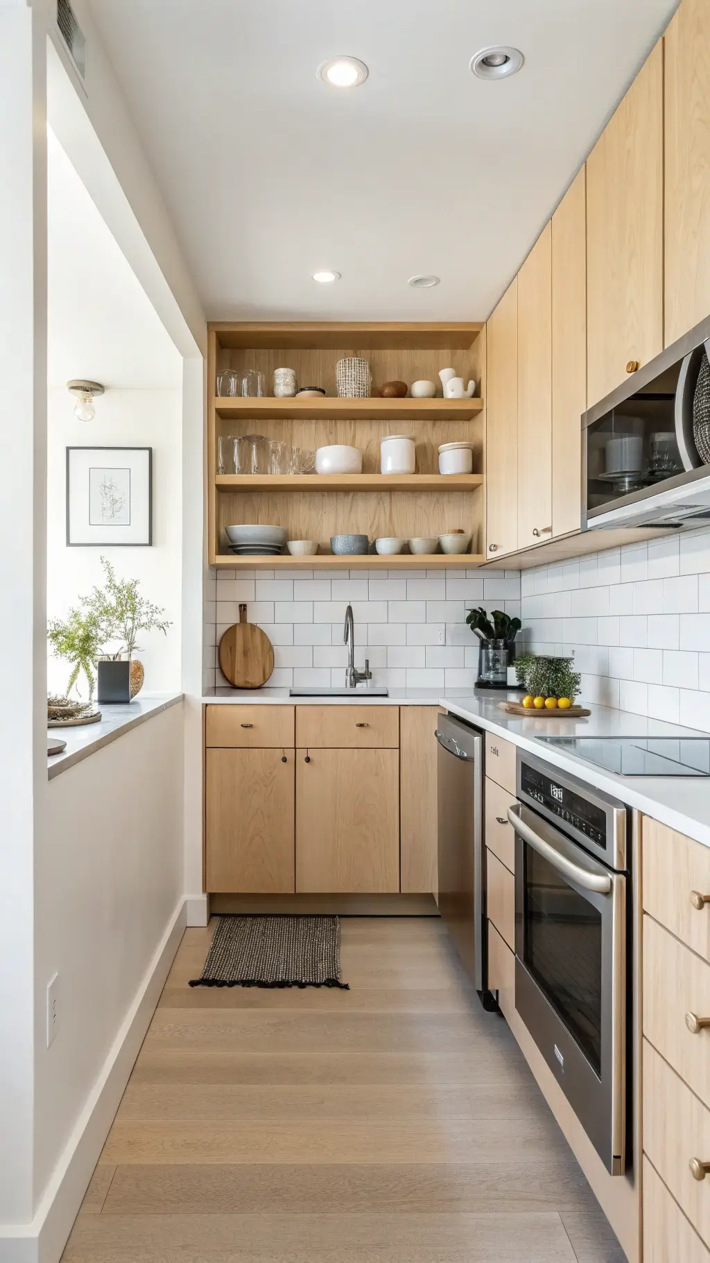 Bright and airy studio apartment kitchen with light maple cabinets, brushed steel appliances, floating shelves with ceramics, shot at midmorning to emphasize space optimization.