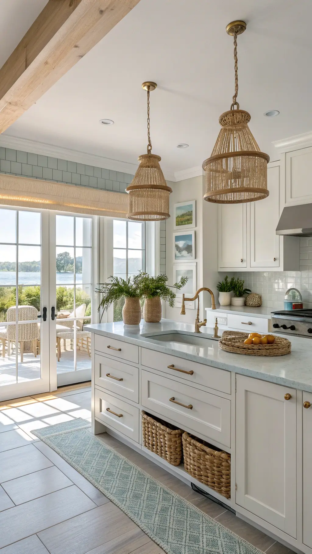 Bright coastal kitchen with whitewashed maple cabinets, pale blue subway tiles, brass hardware, and rope pendant lights, viewed through adjacent sunroom doors at sunrise.