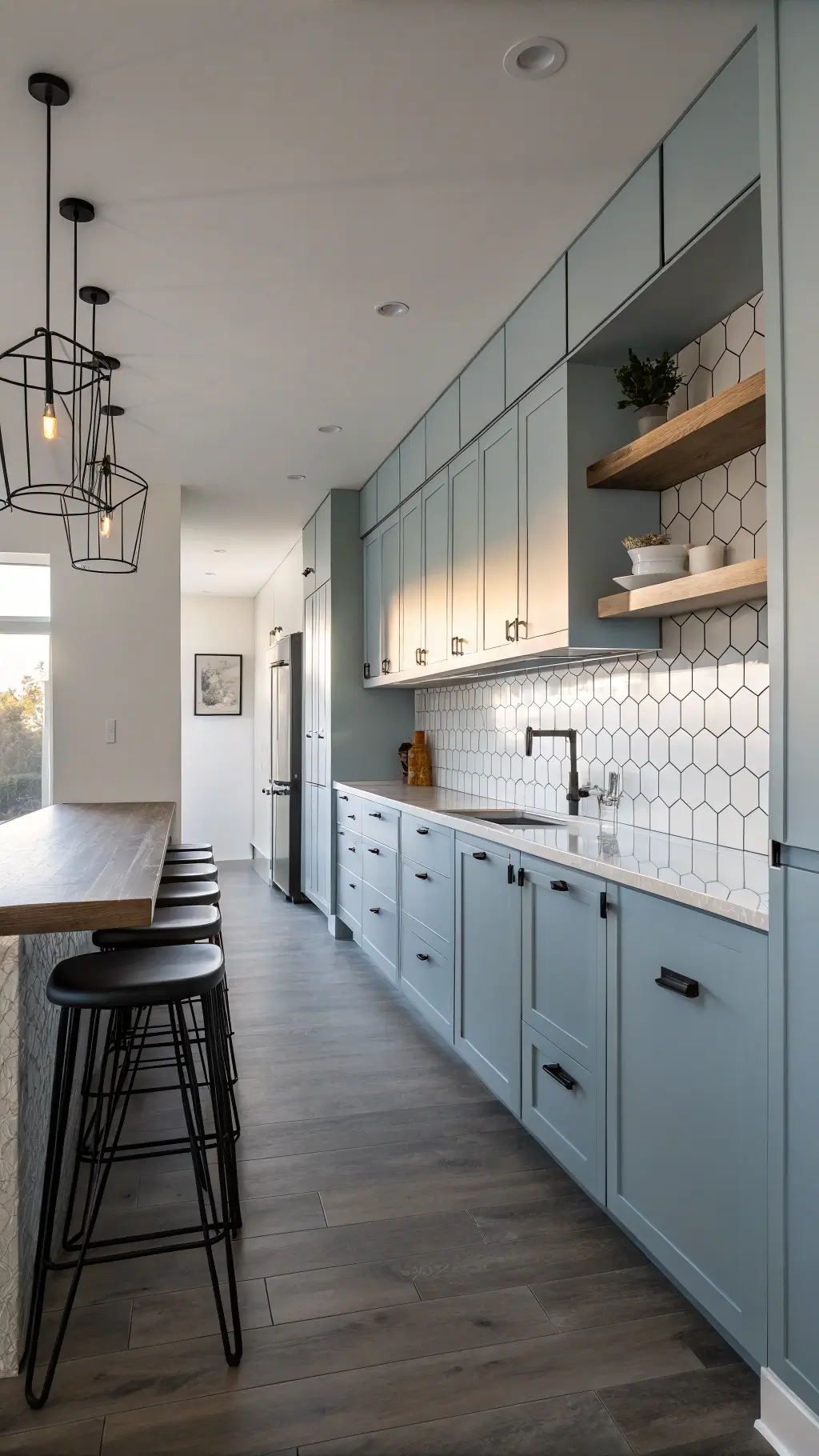 Modern minimalist galley kitchen with light blue matte cabinets, concrete countertops, and white hexagonal tile backsplash illuminated by late afternoon light.