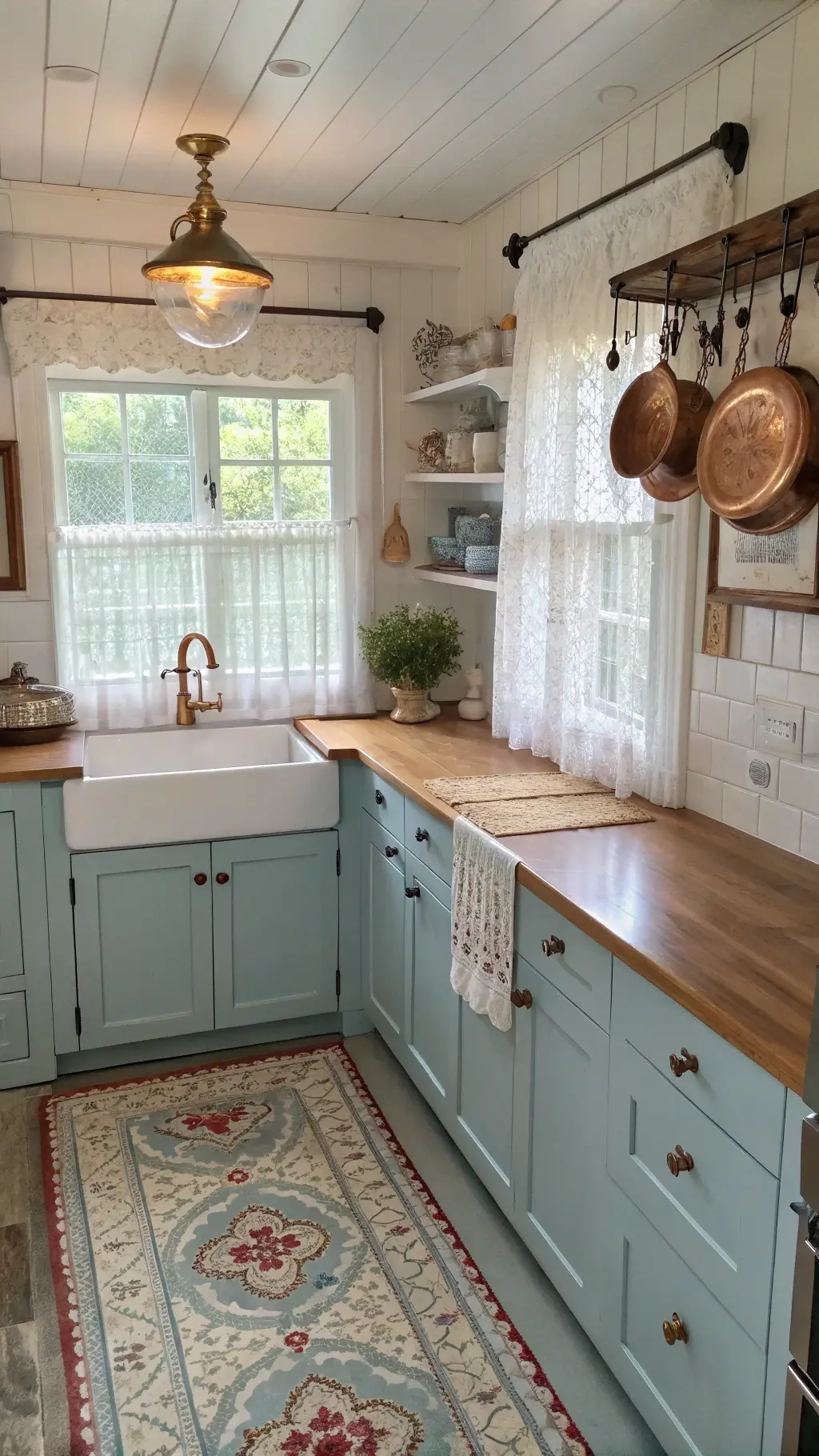 Charming cottage kitchen with robin's egg blue cabinets, cream ceramic knobs, butcher block countertops, farmhouse sink, vintage runner, hanging copper pots, and white subway tile backsplash in soft morning light.
