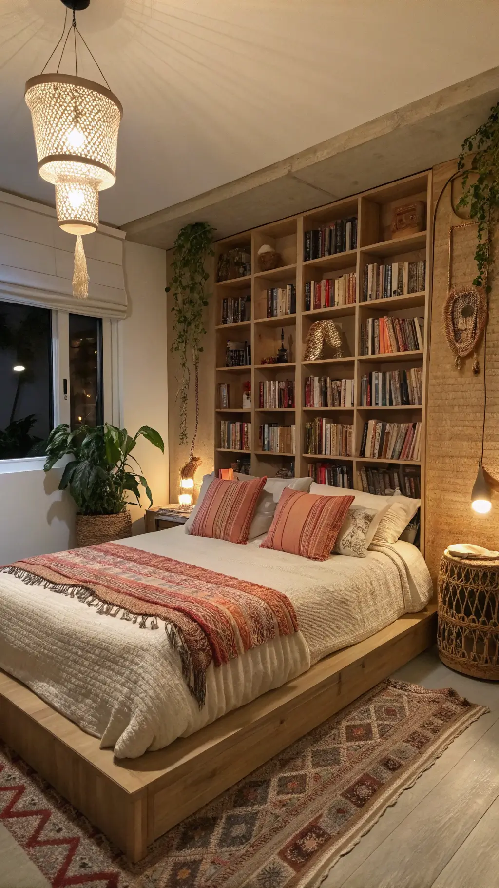 Cozy bedroom at dusk featuring built-in bookshelves, low platform bed with textured pillows, shell mobile reflecting last light, seagrass baskets for linens and macrame plant hangers.