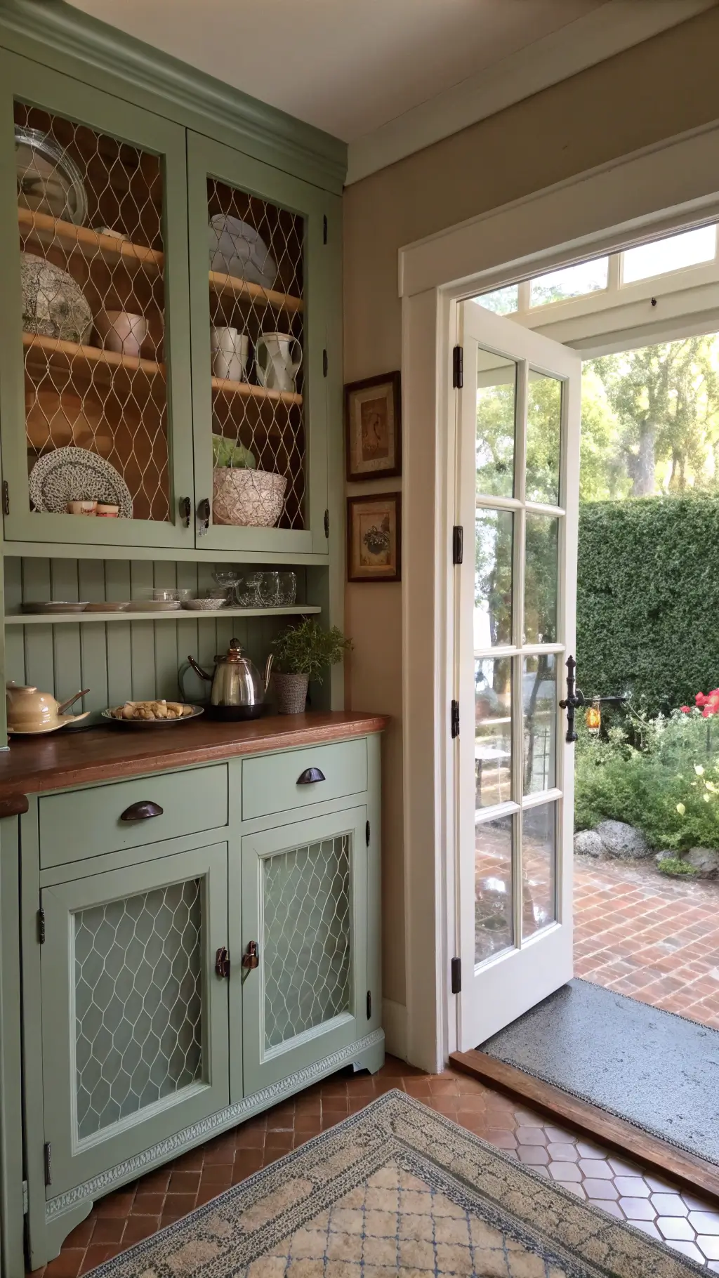 Small breakfast nook kitchen during sunrise featuring sage green cabinets with chicken wire inserts, an open Dutch door with garden view, and open shelving with vintage enamelware collection, viewed from the doorway.