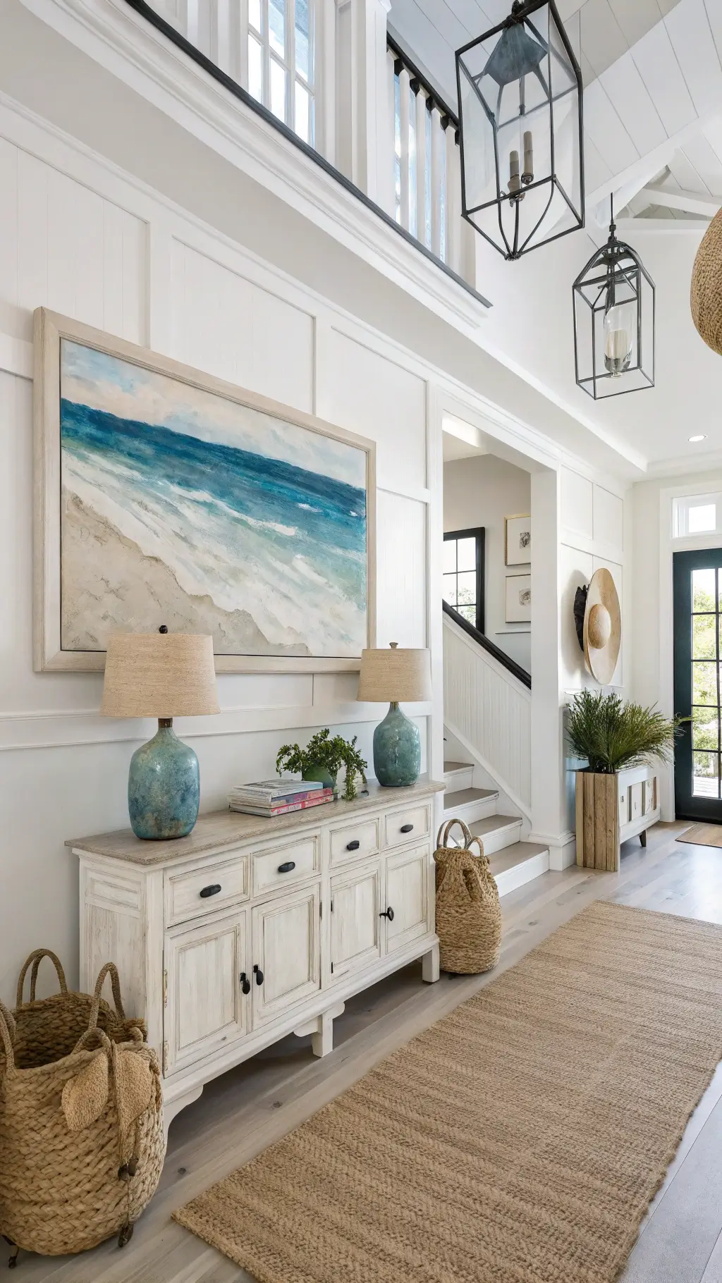 Bright, welcoming foyer with 14ft ceiling, featuring abstract coastal artwork in oversized white frame, vintage whitewashed oak console topped with glass hurricane lanterns, a chunky jute runner, and a modern peg rail with straw hats and beach bags. Natural sunlight enhanced by ambient lighting showcases colors of bright white, natural fiber tones, and touches of weathered blue.