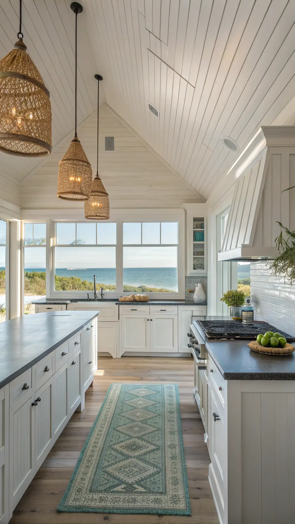 Airy kitchen with beadboard ceiling, cherry cabinets, blue-gray counters, white ship lap backsplash, rattan pendant lights, and whitewashed oak floors, framed by a dutch door and accessorized with blue-green elements reflecting the sea-view.