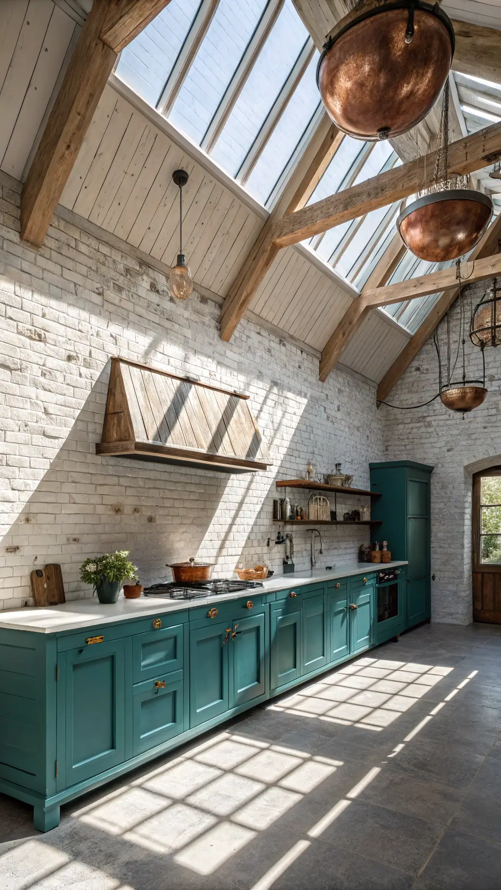 Modern farmhouse kitchen with teal shaker cabinets, whitewashed brick walls, cathedral ceiling with exposed beams, large island with butcher block top and hanging vintage copper pots, lit by daylight through skylight