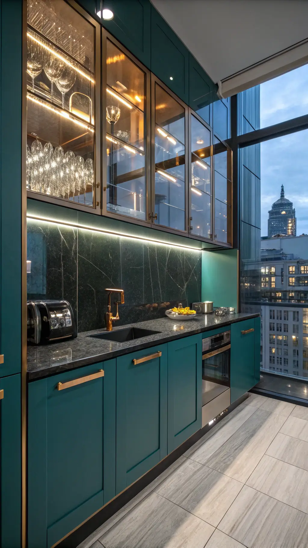 Low-angle view of a compact urban kitchen with glossy teal cabinets reflecting city lights, glass-front upper cabinets with illuminated crystal barware, black stone countertops, and metallic accents in chrome and copper, shot in blue hour ambient lighting with interior warmth.