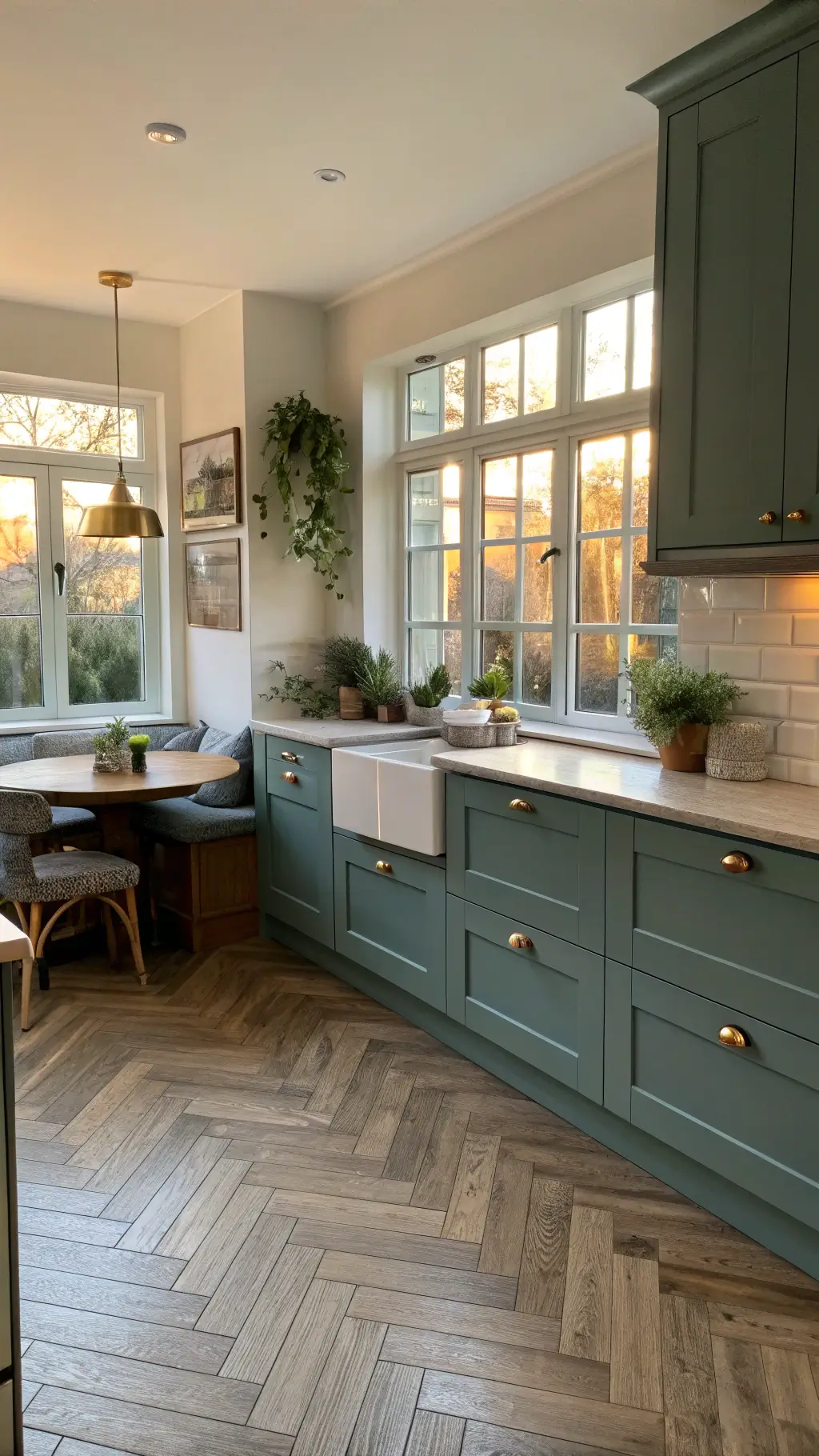L-shaped kitchen with teal-grey cabinets and built-in dining nook, herringbone wood floors, aged brass hardware, potted herbs on windowsill, bathed in golden hour side lighting.
