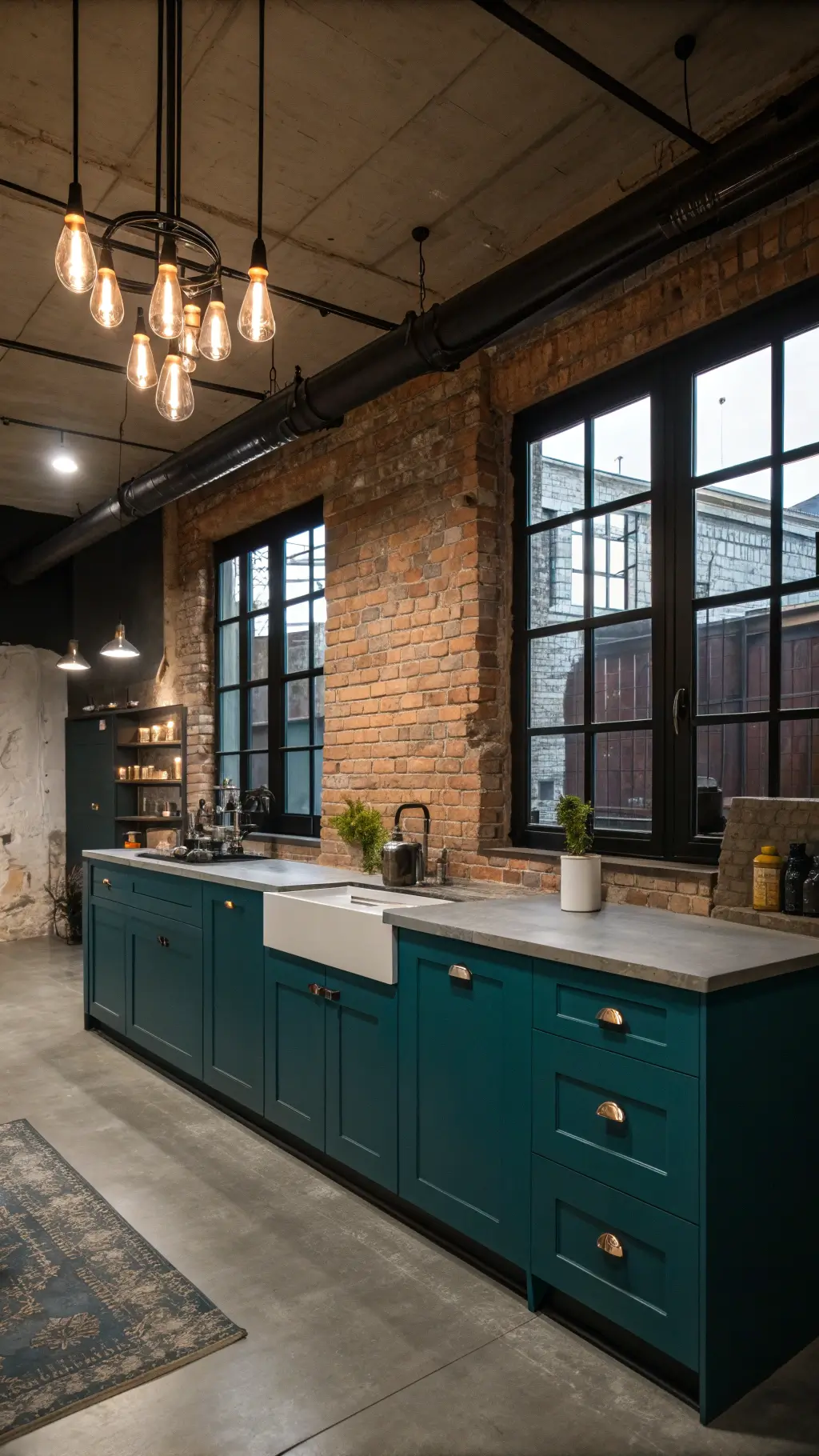 Industrial chic kitchen with teal cabinets, exposed brick wall, black steel windows, concrete countertops and wooden island under Edison bulb chandelier