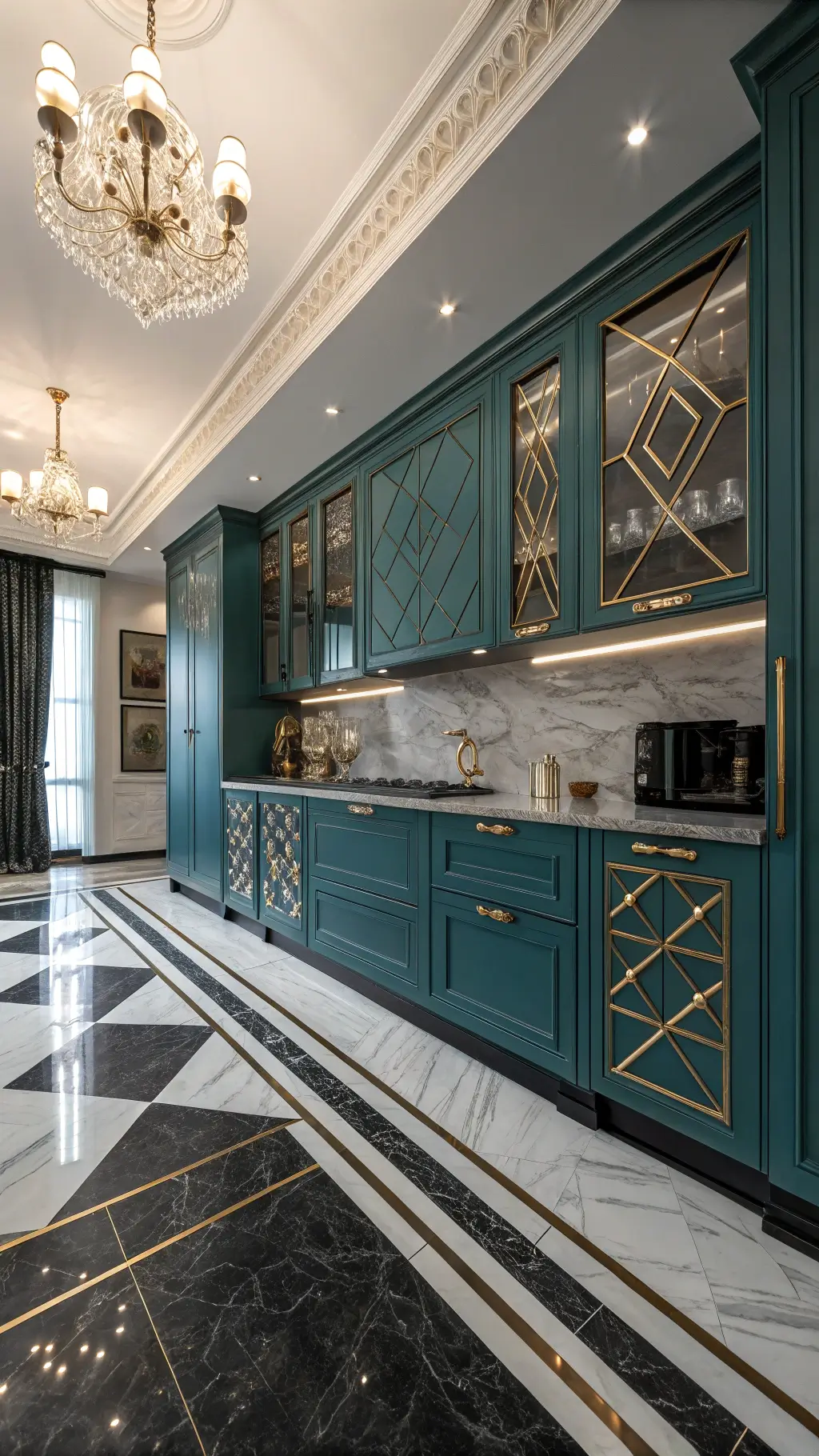 Art Deco kitchen with teal cabinets, brass geometric details, black and white marble floors, mirrored backsplash and crystal sconces during golden hour, shot at a low angle to emphasize ceiling height.