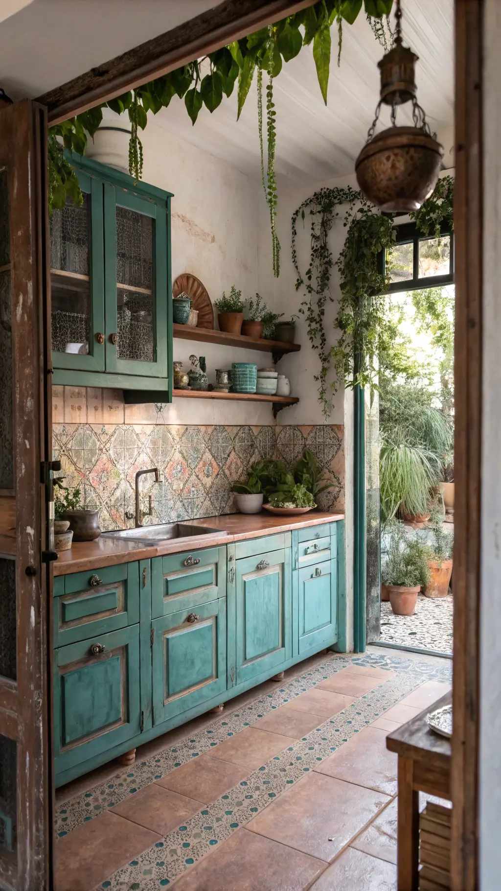 Bohemian style kitchen featuring distressed teal cabinets, copper countertops with natural patina, Moroccan tile backsplash, hanging plants and global artifacts on floating shelves, seen through a naturally framed doorway in soft morning light