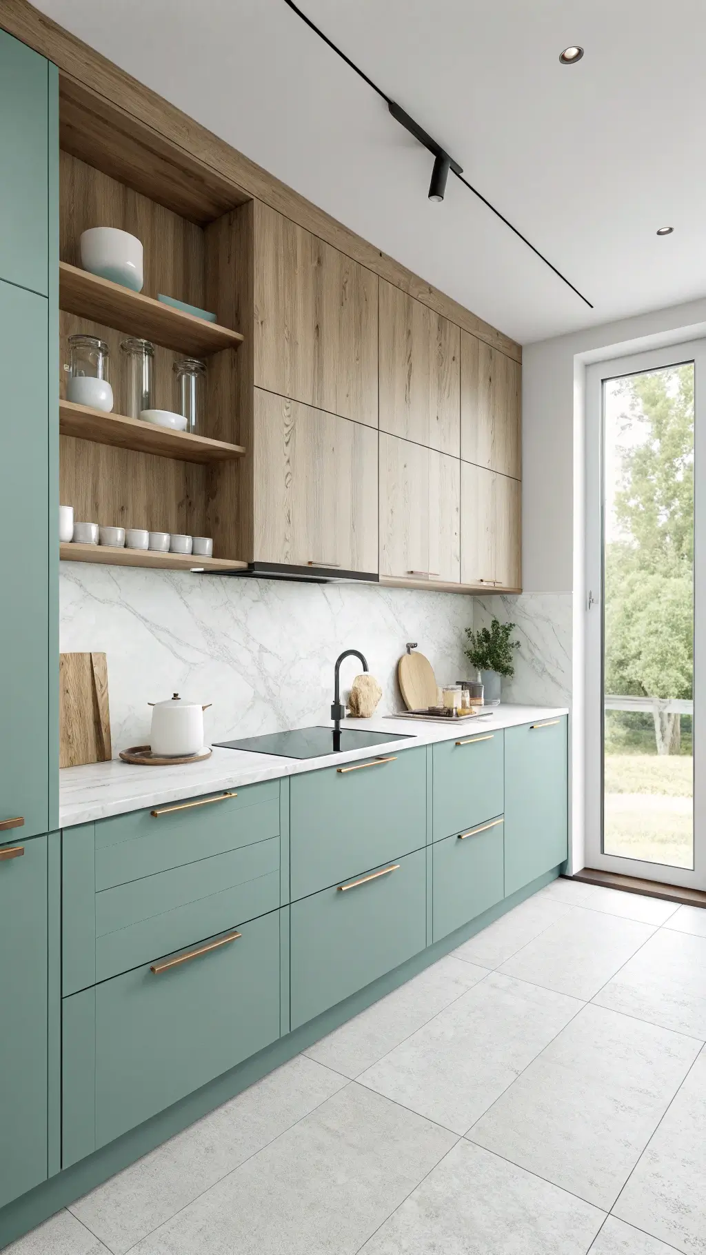 Minimalist Scandinavian kitchen with teal cabinets, pale wood accents, white stone surfaces, and ceramic vessels, brightly lit by a large window wall.