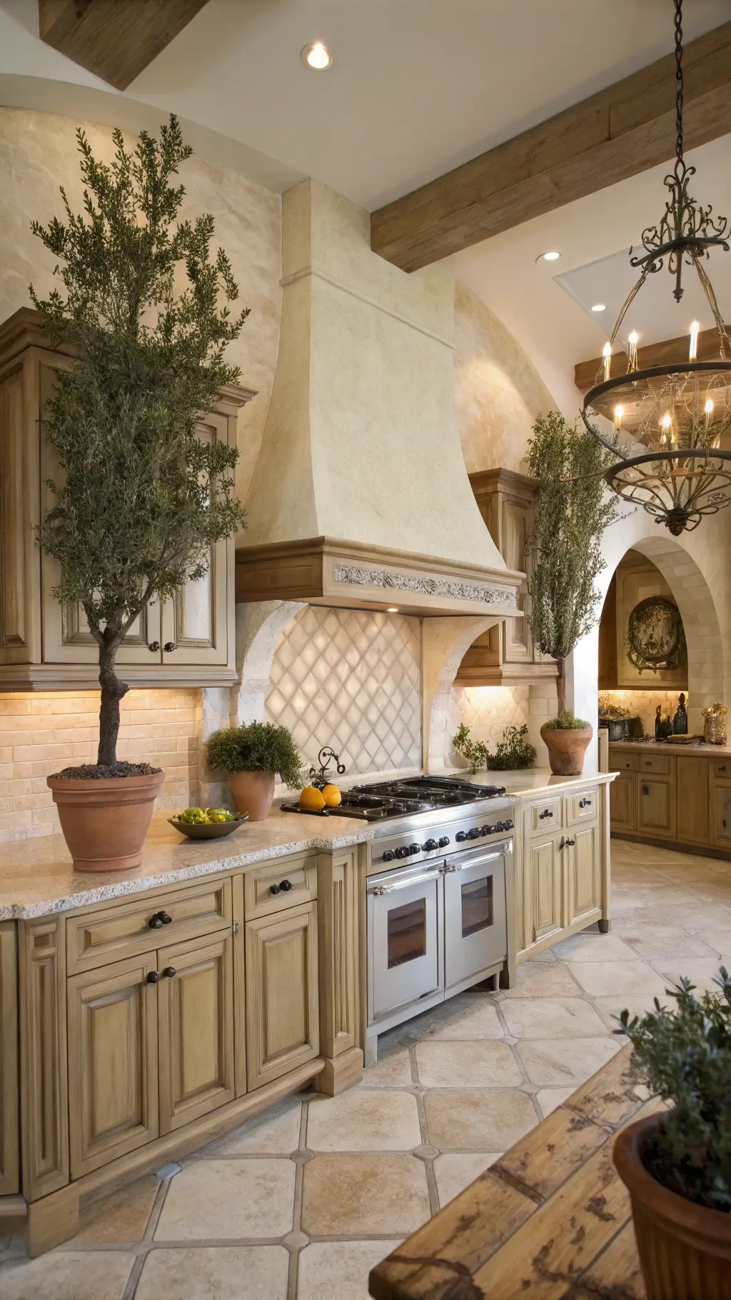 Modern Mediterranean kitchen with light oak cabinets, cream Zellige tile backsplash, organic plaster hood, olive trees in terracotta pots, and wrought iron hardware under soft diffused lighting.