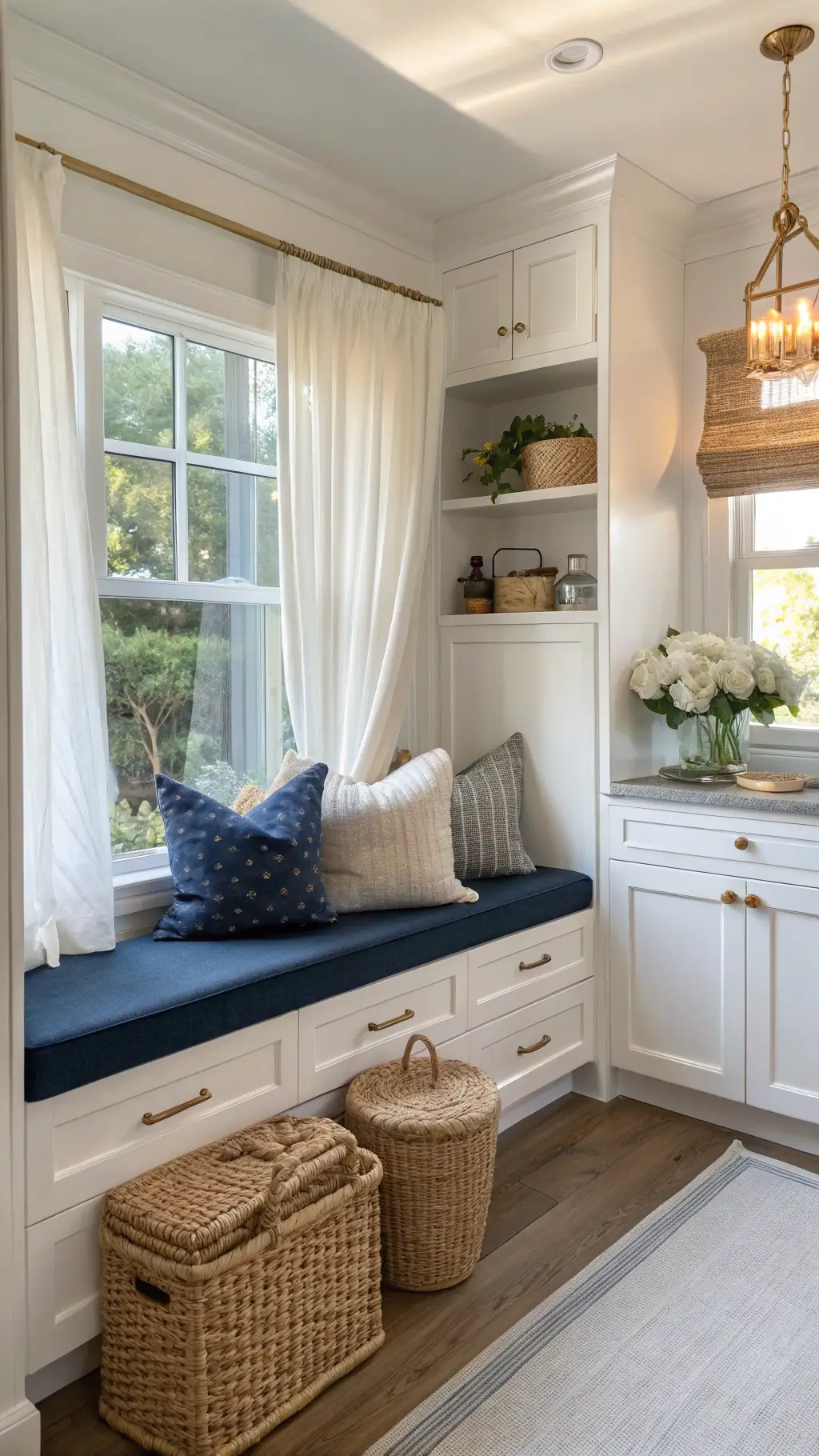 Cozy coastal kitchen nook with white shaker cabinets, window seat with navy blue cushions, styled with baskets, vases and hydrangeas, at golden hour