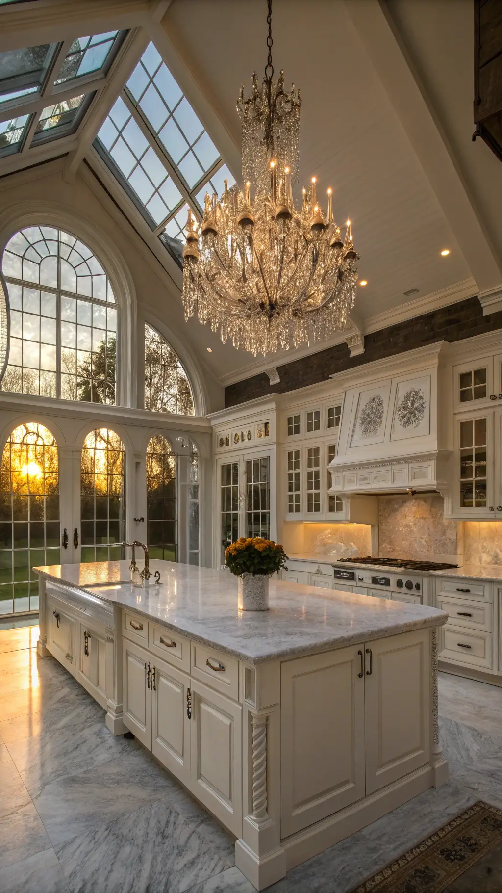 Lavish traditional kitchen with cathedral ceiling, white shaker cabinets showcasing crystal collection, a crystal chandelier, marble waterfall island, all under warm golden hour light filtering through French doors