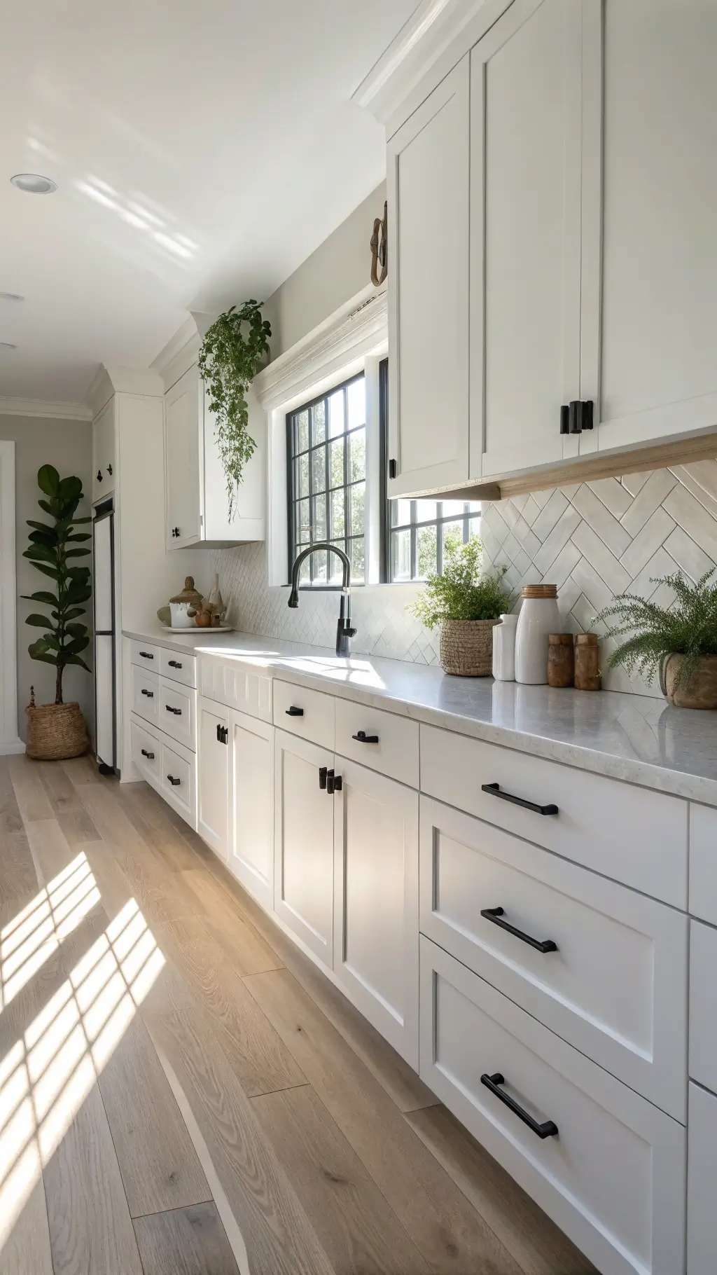 Scandinavian-style kitchen with white shaker cabinets, pale wood floors, black metal handles, minimal styling with white ceramics and greenery under bright, even morning light.