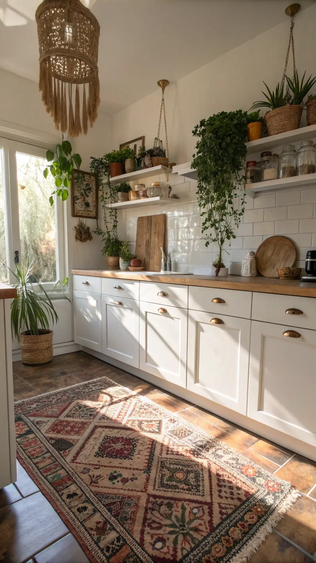Bohemian eclectic medium-sized kitchen with white shaker cabinets, open shelving, Moroccan tiles, vintage rugs, and macramé hanging plants in afternoon light.
