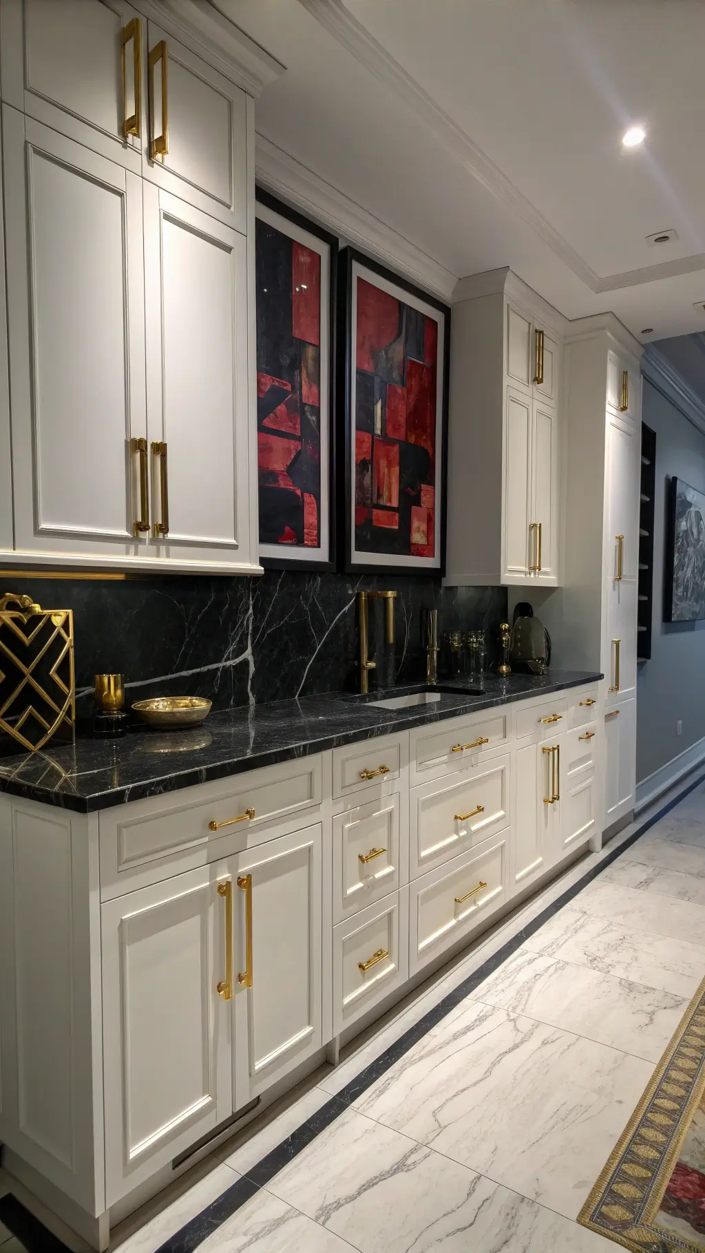 Art Deco revival kitchen with white shaker cabinets, gold geometric hardware, black marble counters, and bold artwork illuminated by moody evening lighting