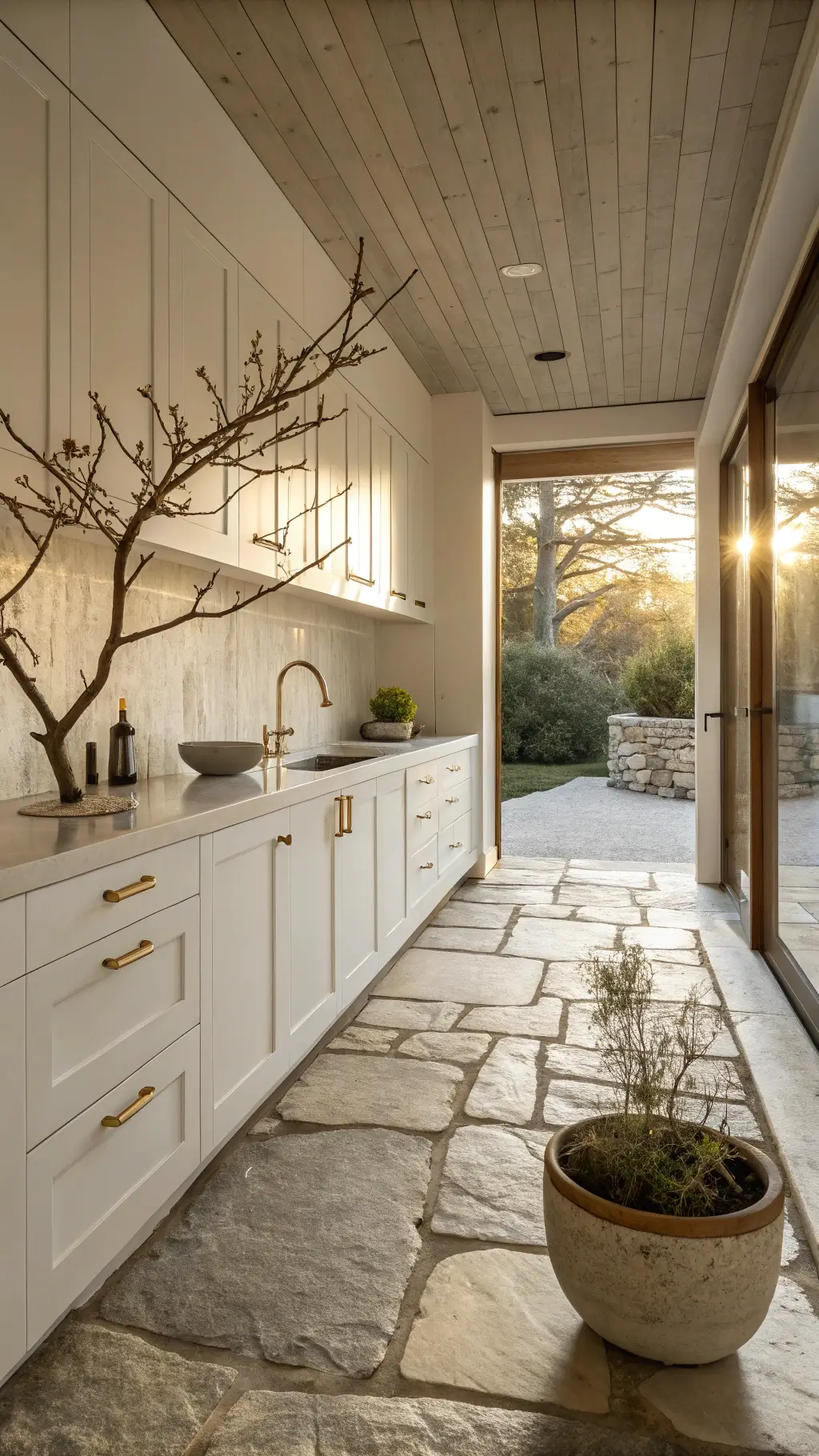 Serene contemporary Zen kitchen with white shaker cabinets, natural stone floor and minimal brass hardware lit by dawn light