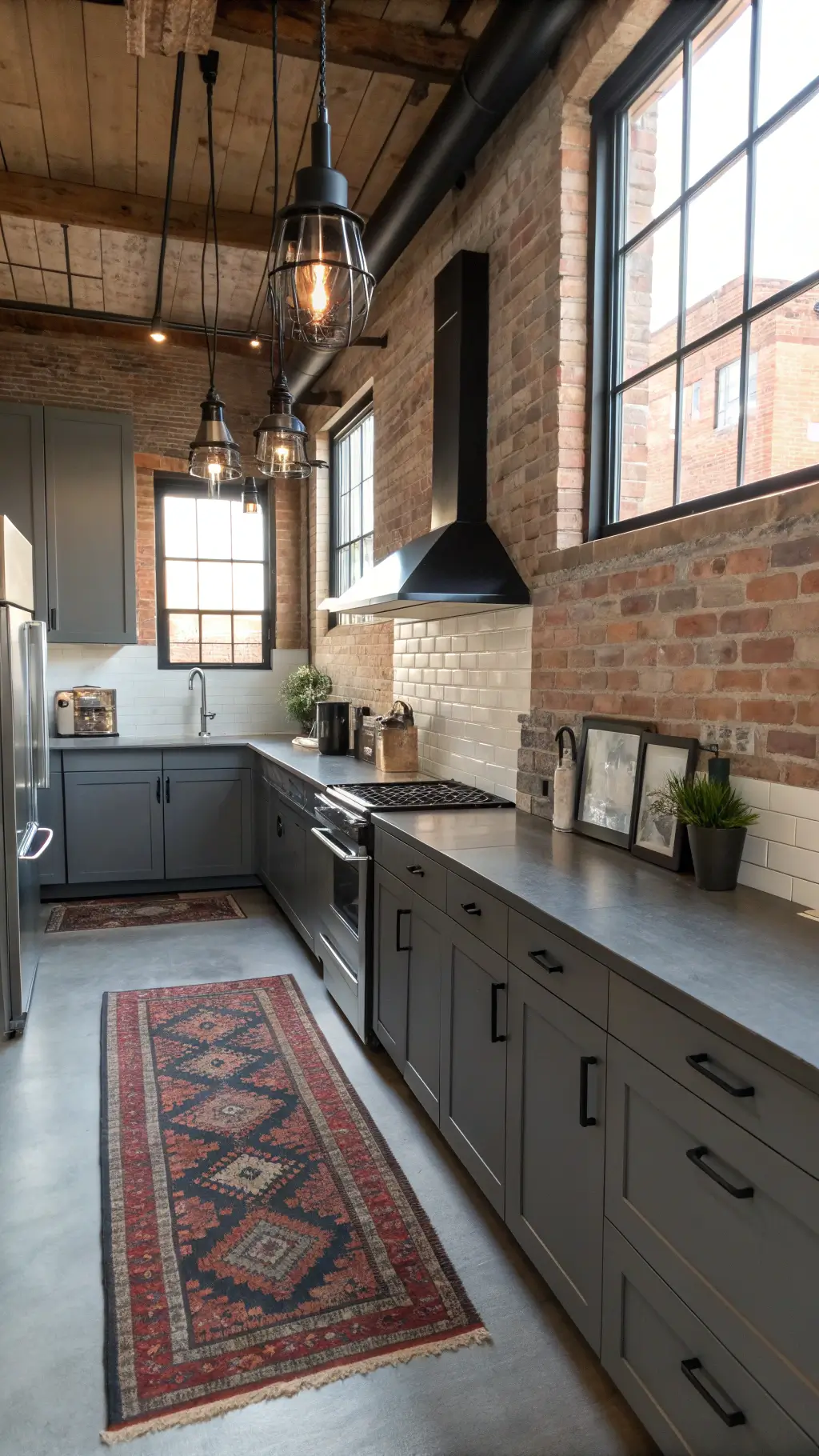 Spacious industrial-modern kitchen with slate gray cabinets, concrete countertops, stainless steel appliances, black pendant lights over an 8' island, and vintage rugs on an exposed brick wall backdrop illuminated by midday light.