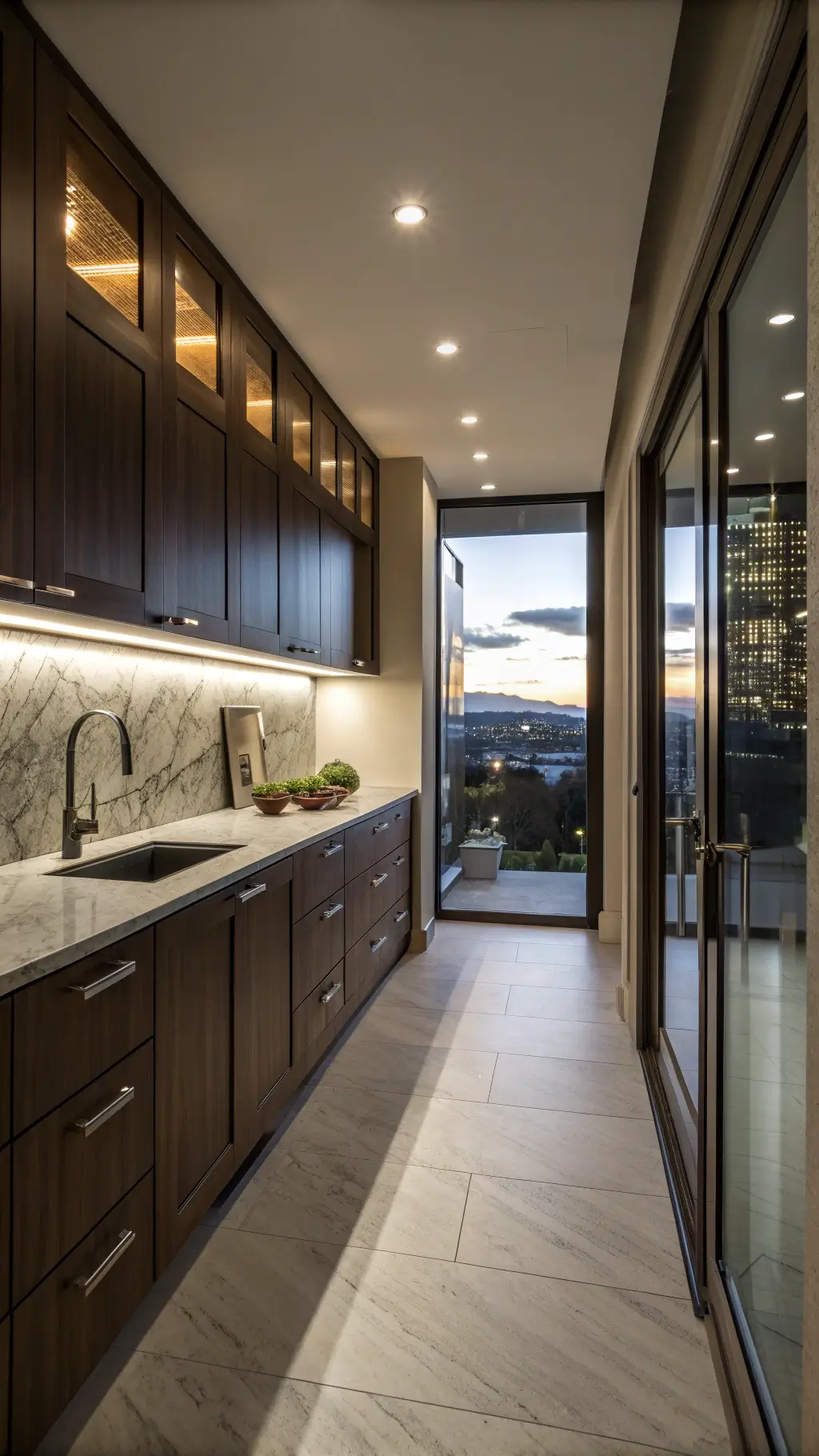 Elegant kitchen with dark walnut cabinets, under-cabinet lighting, white stone surfaces reflecting light, city views through window, and metallic accents, captured during blue hour.