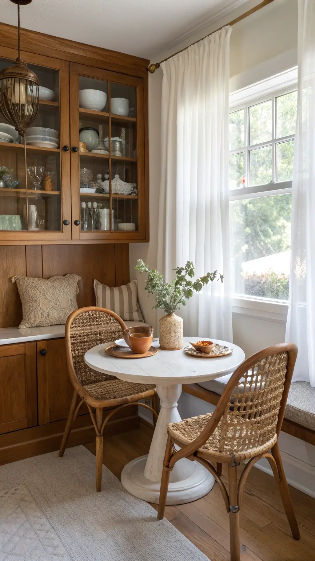 Cozy breakfast nook in a small kitchen alcove with filtered morning light, walnut cabinets, a round oak table, rattan chairs, and copper cookware on open shelves.