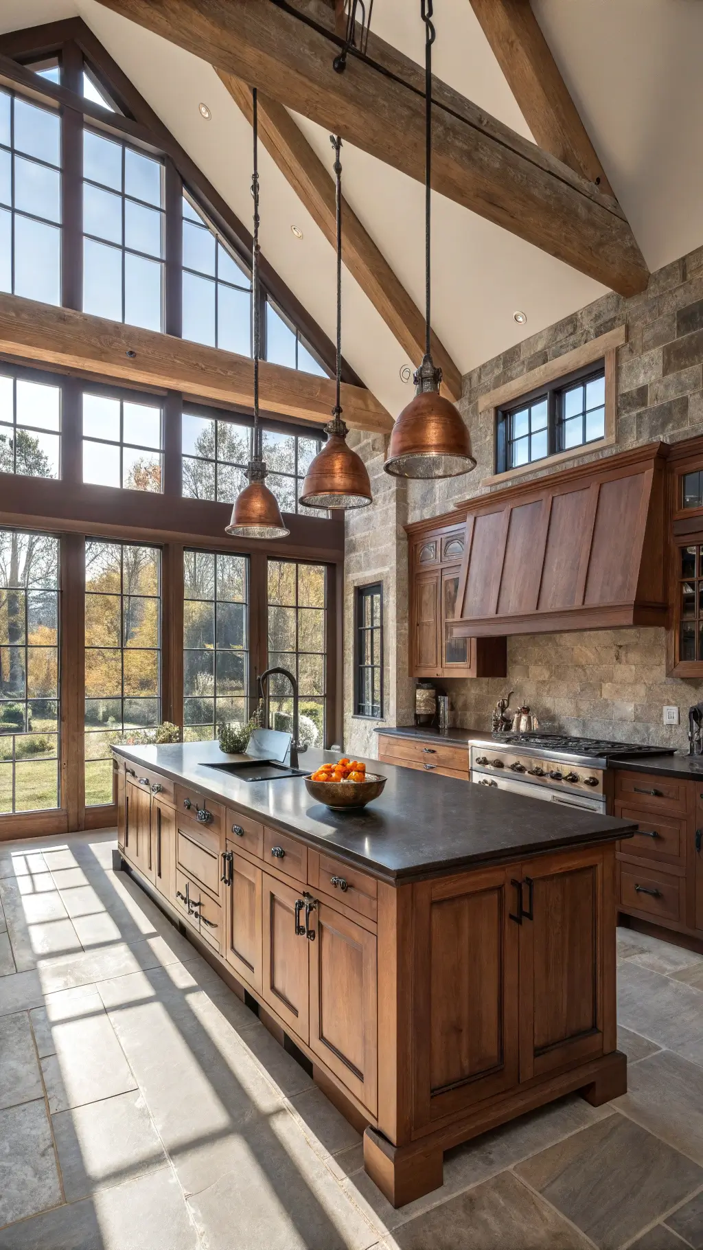 Professional kitchen with cherry wood cabinets, soapstone island, vintage copper pots and vaulted ceiling with wooden beams, illuminated by afternoon light from industrial-style windows.