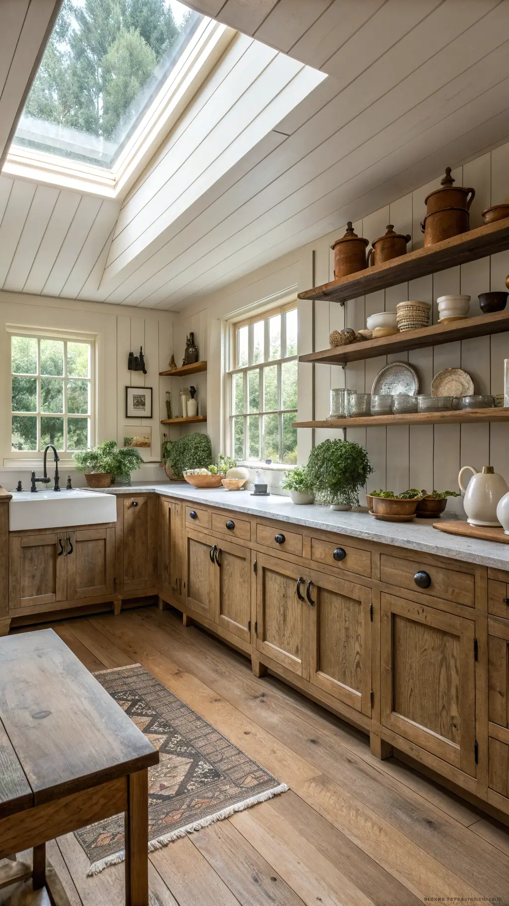 Farmhouse kitchen with beadboard ceiling, knotty alder cabinets, antique brass cup pulls, vintage Persian runner, ceramic pitchers, and herbs in terracotta pots on windowsill