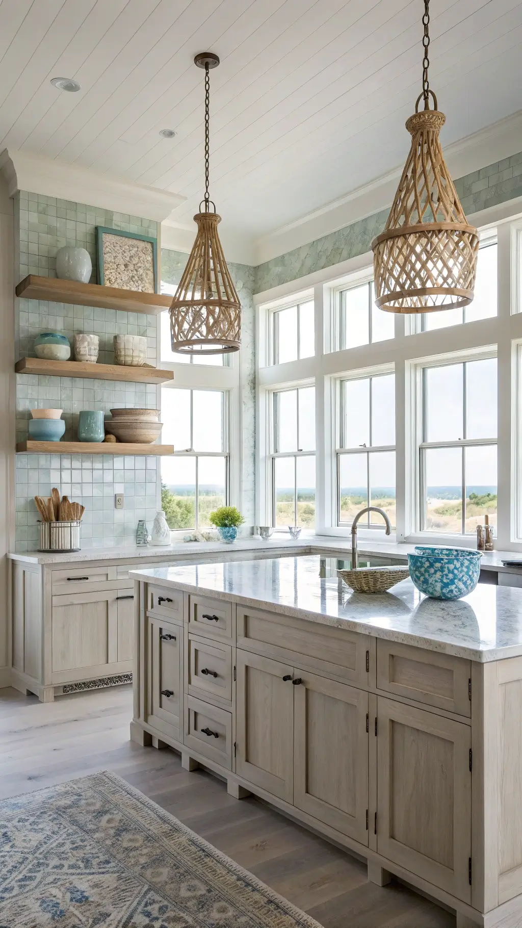 Coastal kitchen with whitewashed oak cabinets, sea-glass backsplash tiles, a large island with driftwood-style cladding and marble top, woven pendant lights and blue-grey ceramic vessels on open shelving, bathed in natural light from windows overlooking the sea