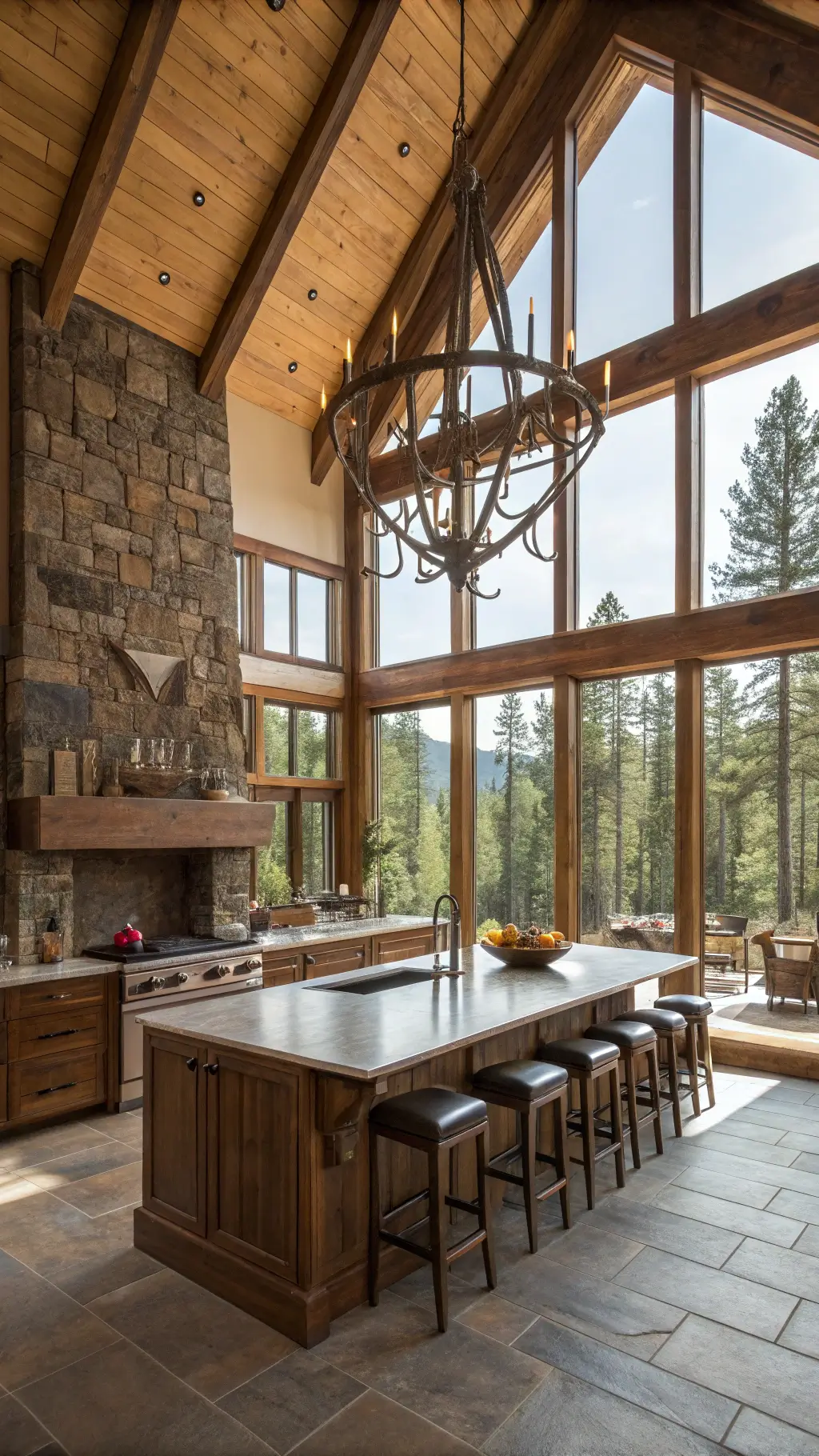 Mountain retreat kitchen with peaked ceiling, hickory cabinets, stone hearth, and forest view through large windows