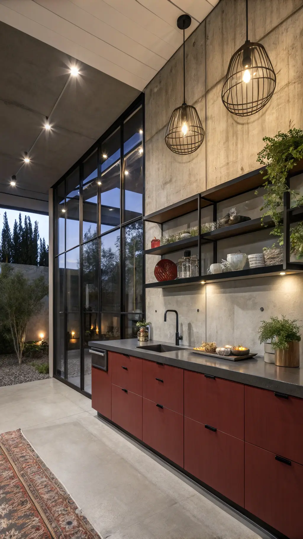 Low-angle shot of a contemporary 12x14ft urban kitchen with high-gloss cherry cabinets, concrete accent wall, floating shelves showcasing ceramics, geometric pendant lights, black steel-framed windows, metallic accessories, sculptural plants, and an artistic coffee station.