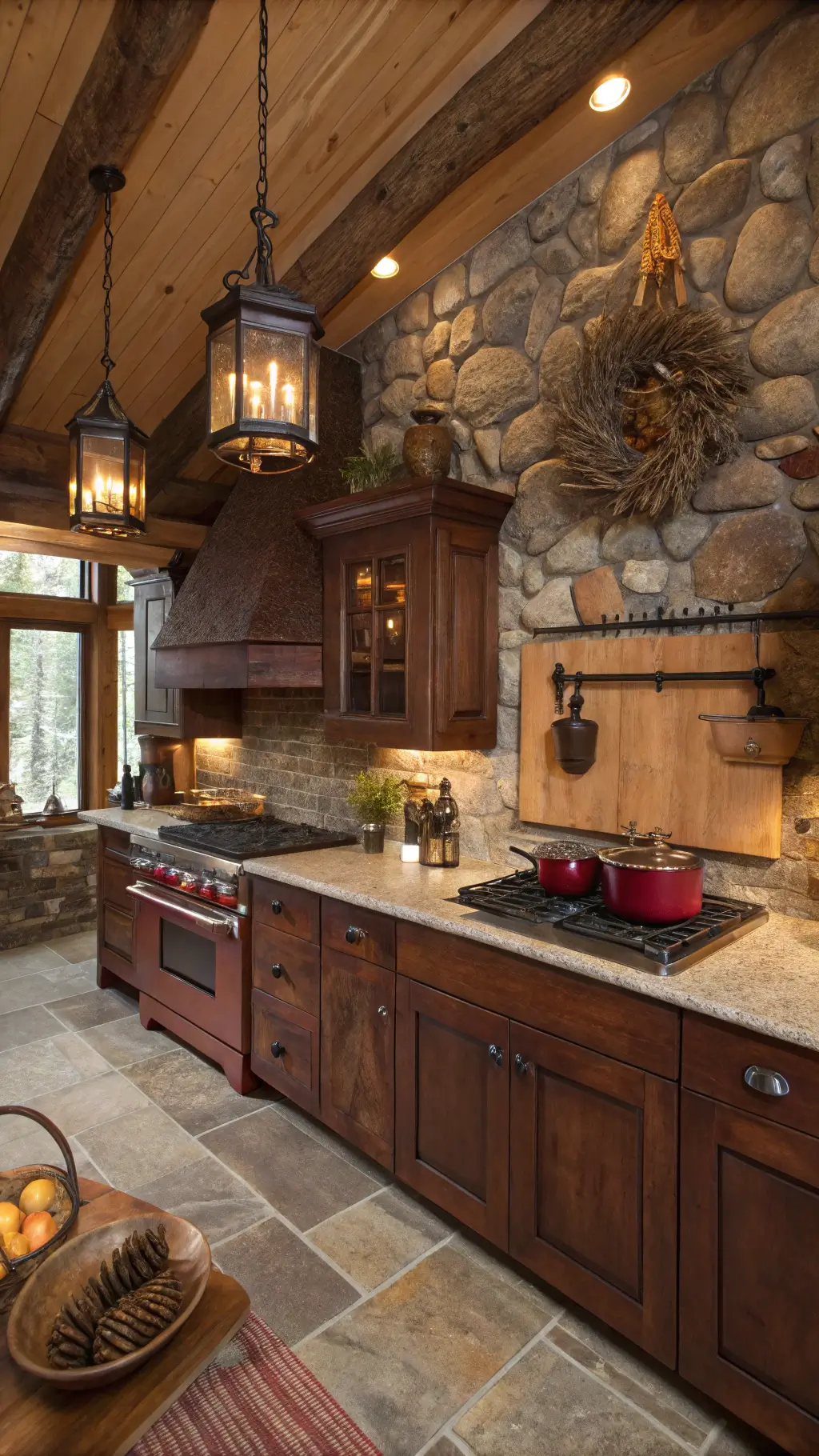 Cozy rustic kitchen in the Cherry Lodge with distressed cherry cabinet, leather-finish granite counters, iron strap hinges, and rough stone backsplash, lit by firelight and pendant lights. Features include cast iron cookware, dried herbs hanging, and a wooden dough bowl filled with pine cones.