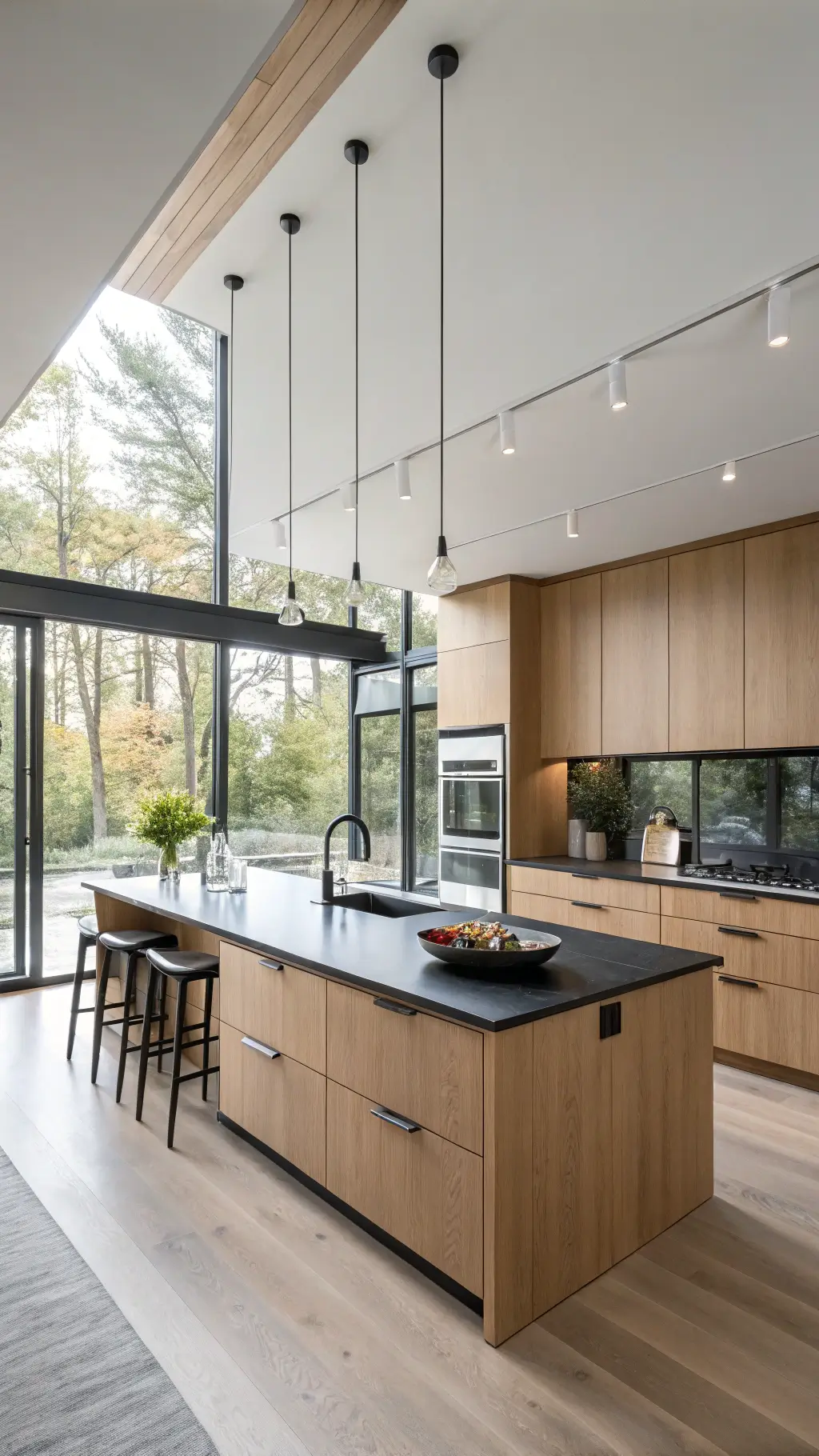 Sleek modern kitchen with alder cabinets, honed black granite island, and floor-to-ceiling windows creating a flood of diffused light, featuring slim vases, black ceramics, and linear pendant lights.