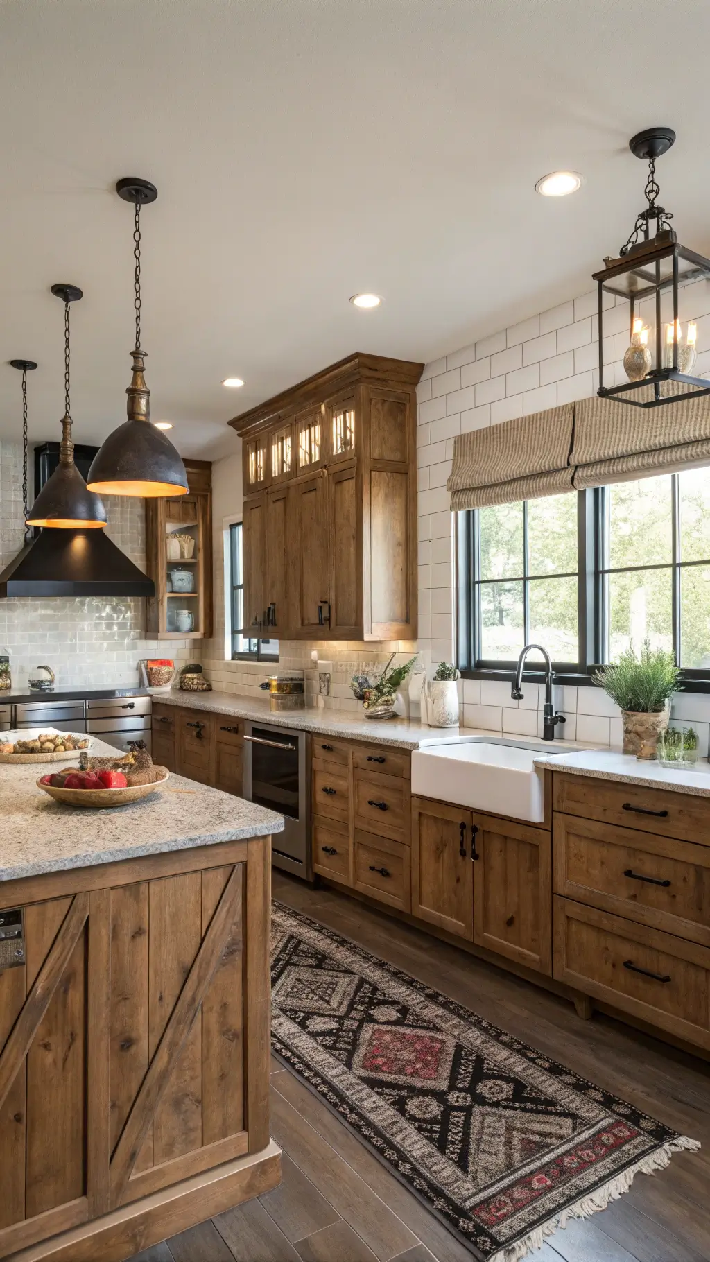 Wide-angle shot of a fusion-styled vintage-modern kitchen with knotty alder cabinets, modern appliances, schoolhouse pendants, and mixed metal accents in natural wood, matte black, and aged brass color palette during the afternoon light.