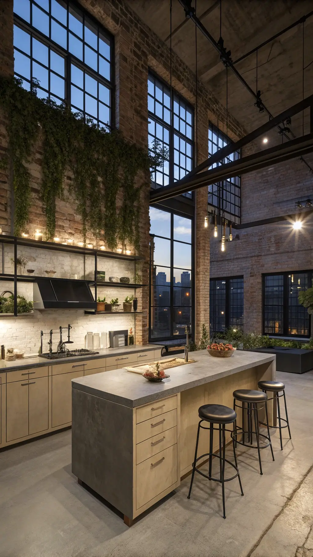 High-angle view of a modern industrial loft kitchen with taupe cabinets, black steel open shelving, brass and iron fixtures, concrete countertops, exposed brick wall with climbing vines, and leather barstools around a metal-edge island, lit by dusk lighting through factory windows.