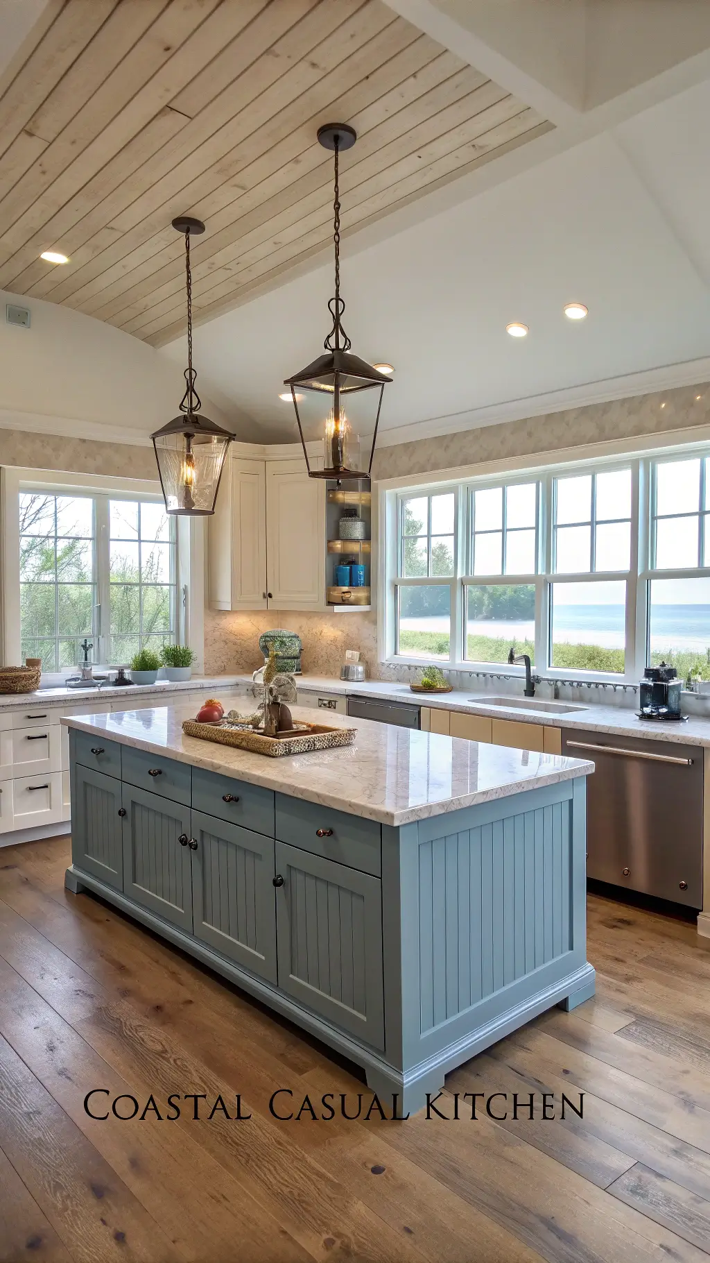Bright, spacious 14x16ft coastal casual kitchen with light brown beadboard cabinets, white soapstone counters, and a blue-grey island. Features include natural fiber pendant lights and sea-facing windows that flood the room with morning light. Accentuated with arranged seashells and driftwood details.