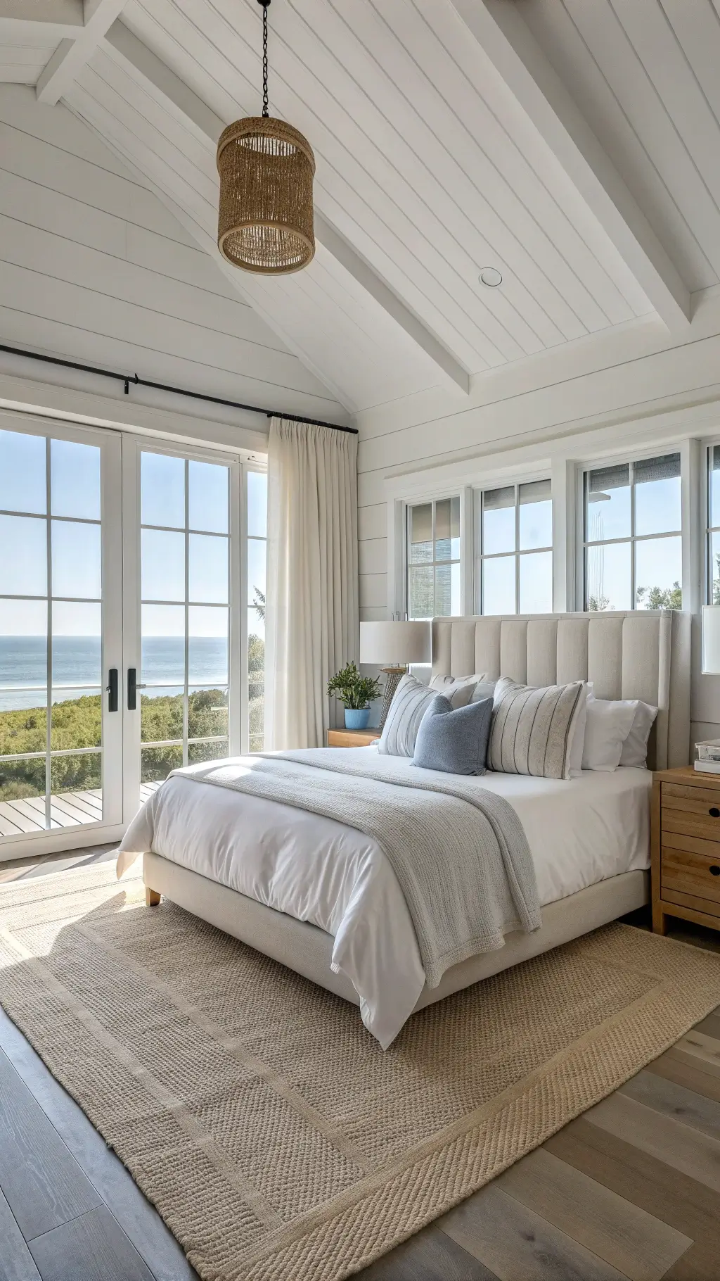 Sunlit modern coastal bedroom with grey-blue shiplap walls, oatmeal linen bed, weathered oak nightstands, and glass table lamps, highlighted by soft morning light through floor-to-ceiling white curtains