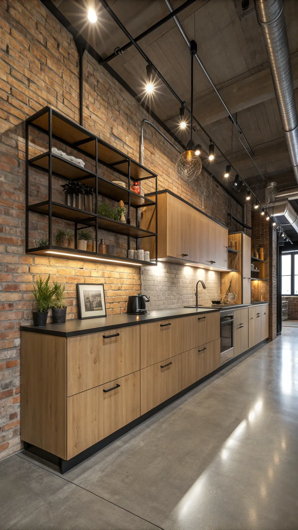 16x20ft industrial chic kitchen with exposed brick walls, light brown slab cabinets, blackened steel open shelving, track lighting, polished concrete floors, and Edison bulb fixtures in toffee brown, charcoal, and raw umber colors, captured in a low-angle shot to emphasize vertical height.