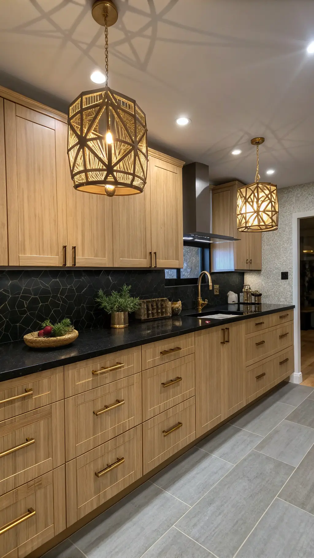 A 13x15ft minimalist contemporary Asian fusion kitchen with light brown bamboo cabinets, black granite counters, and warm gold brass geometric pendant lights, shot with moody evening LED underlighting.