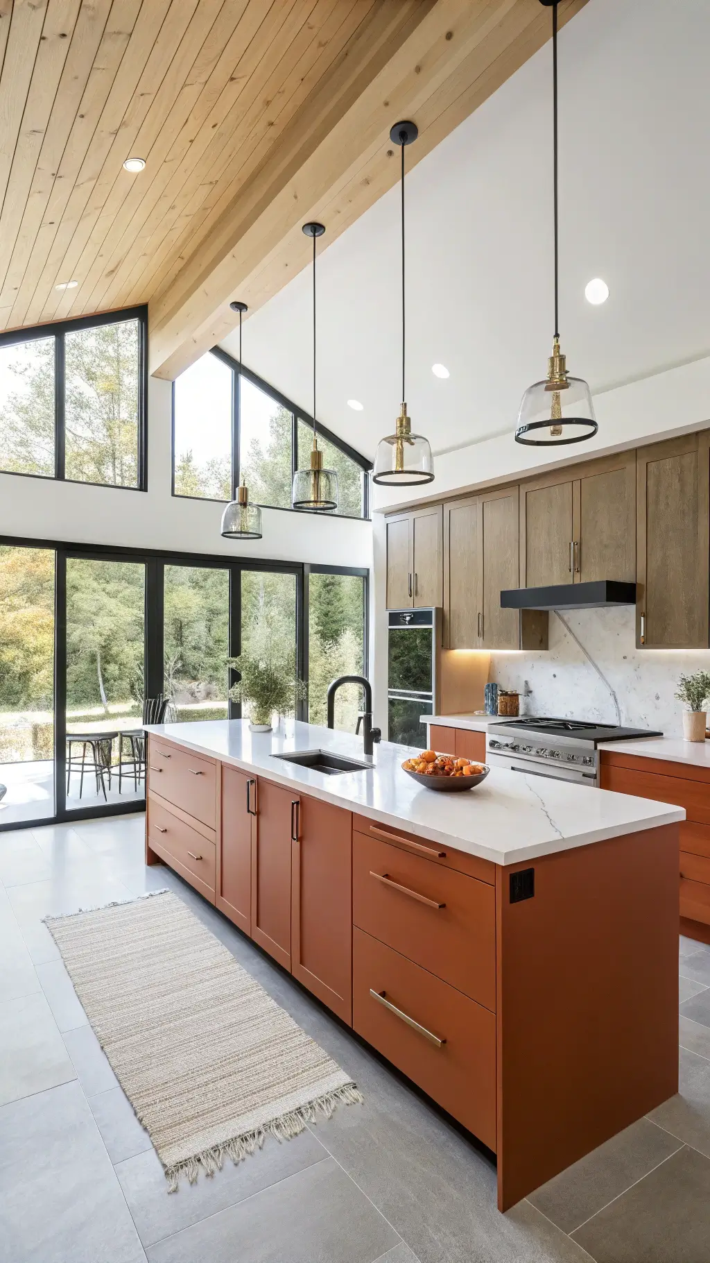 Modern kitchen with burnt orange cabinets, white quartz countertops, exposed wooden beams, brass pendant lights over a waterfall island, and black steel hardware, all bathed in morning light with a coffee setup on the countertop.
