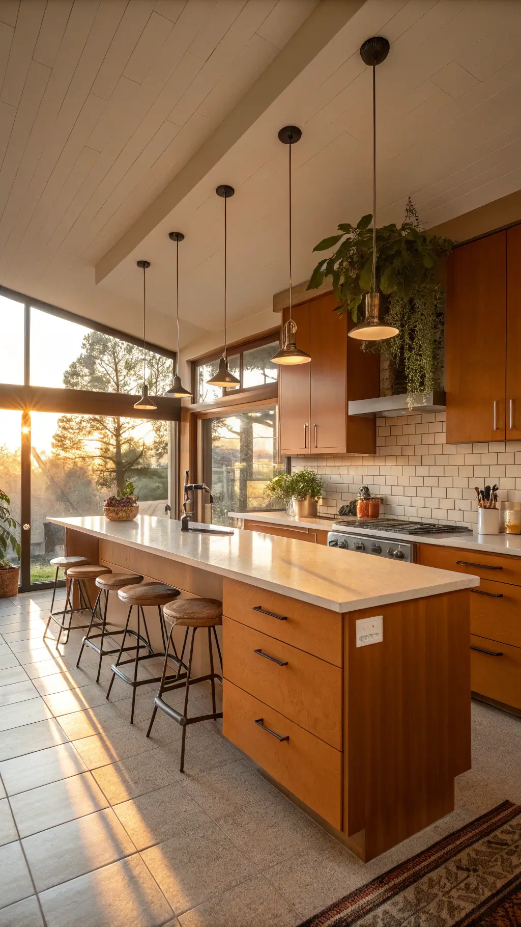 Mid-century inspired kitchen with tangerine cabinets, walnut pulls, cream subway tile backsplash, 1960s clerestory windows, terrazzo floor, Eames bar stools, curved breakfast bar, vintage pottery, hanging plants at golden hour.