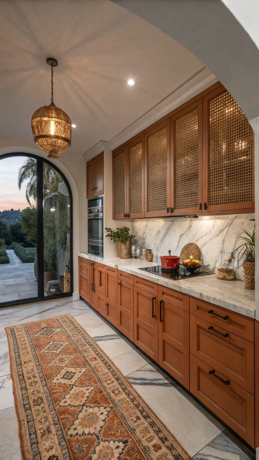 Boho-luxe kitchen at dusk featuring rust orange cabinets with rattan inserts, marble counters, a vintage Persian runner, copper pendant lighting, and eclectic décor against the backdrop of an arched doorway leading to dining area.