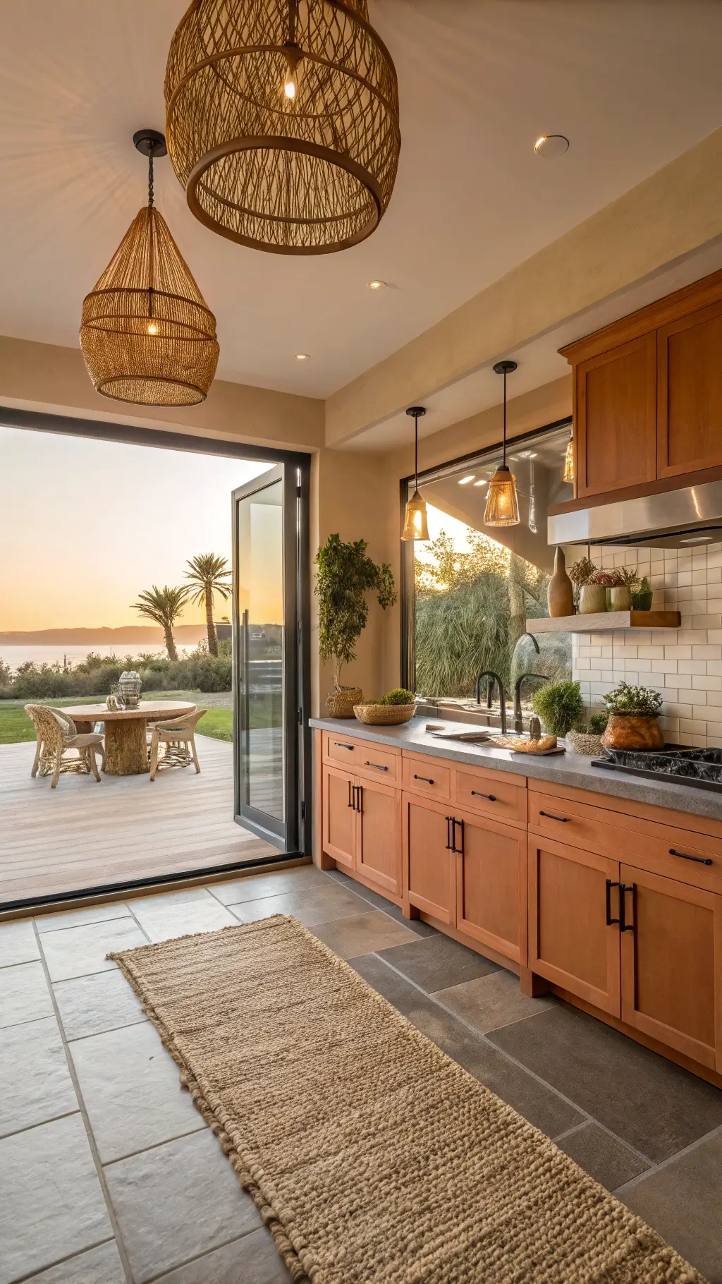 California casual styled kitchen with burnt apricot cabinets, lime-washed walls, sliding glass doors leading to patio, dining area with jute rug, rattan pendant lights, and coastal accessories during golden hour
