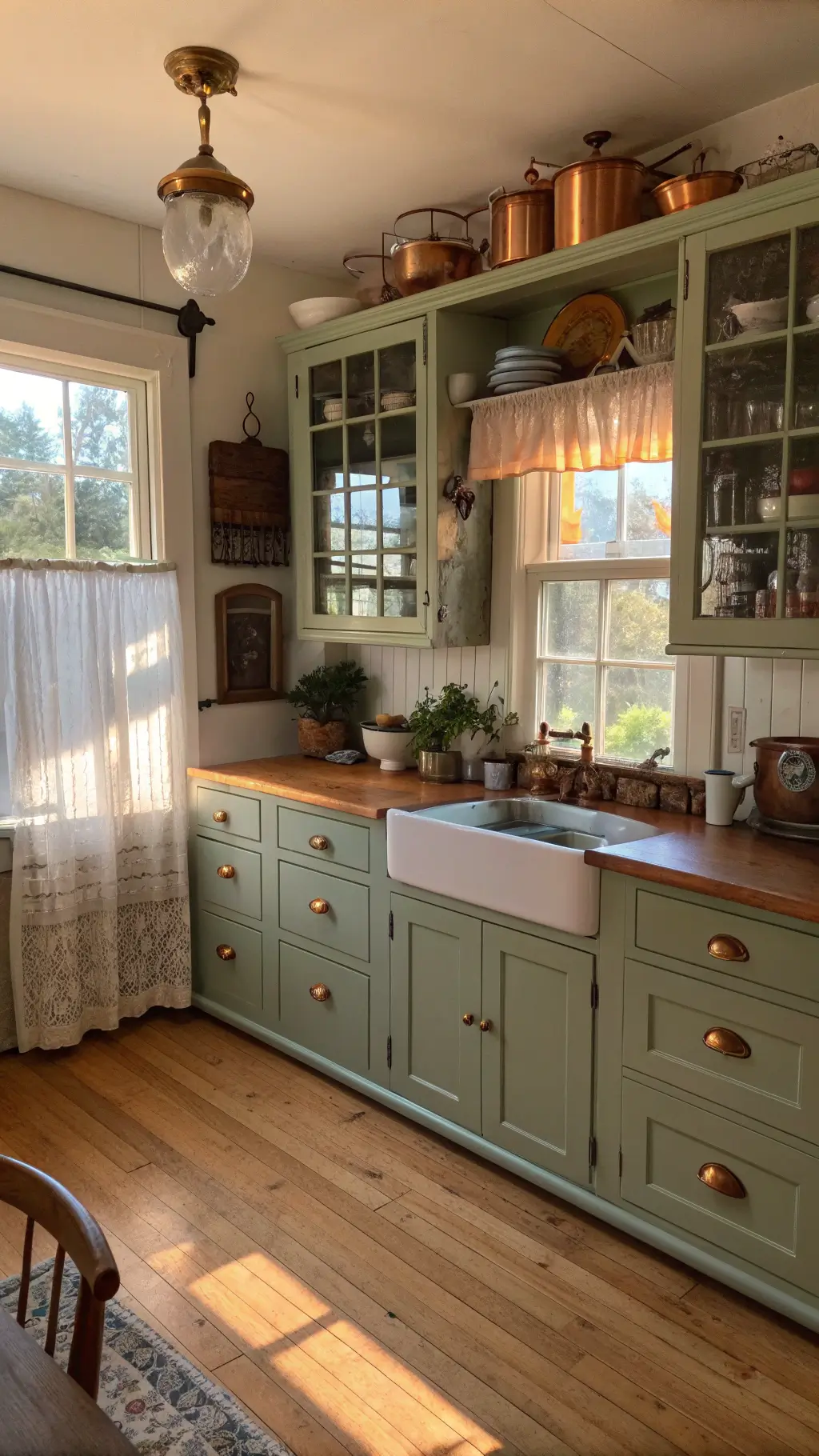 Golden hour sunlight illuminating a vintage farmhouse kitchen with sage green cabinets, wide plank oak floors, brass cup pulls, a Hoosier cabinet, gleaming milk glass collections on open shelving, hanging copper pots, and antique pottery in soft focus.