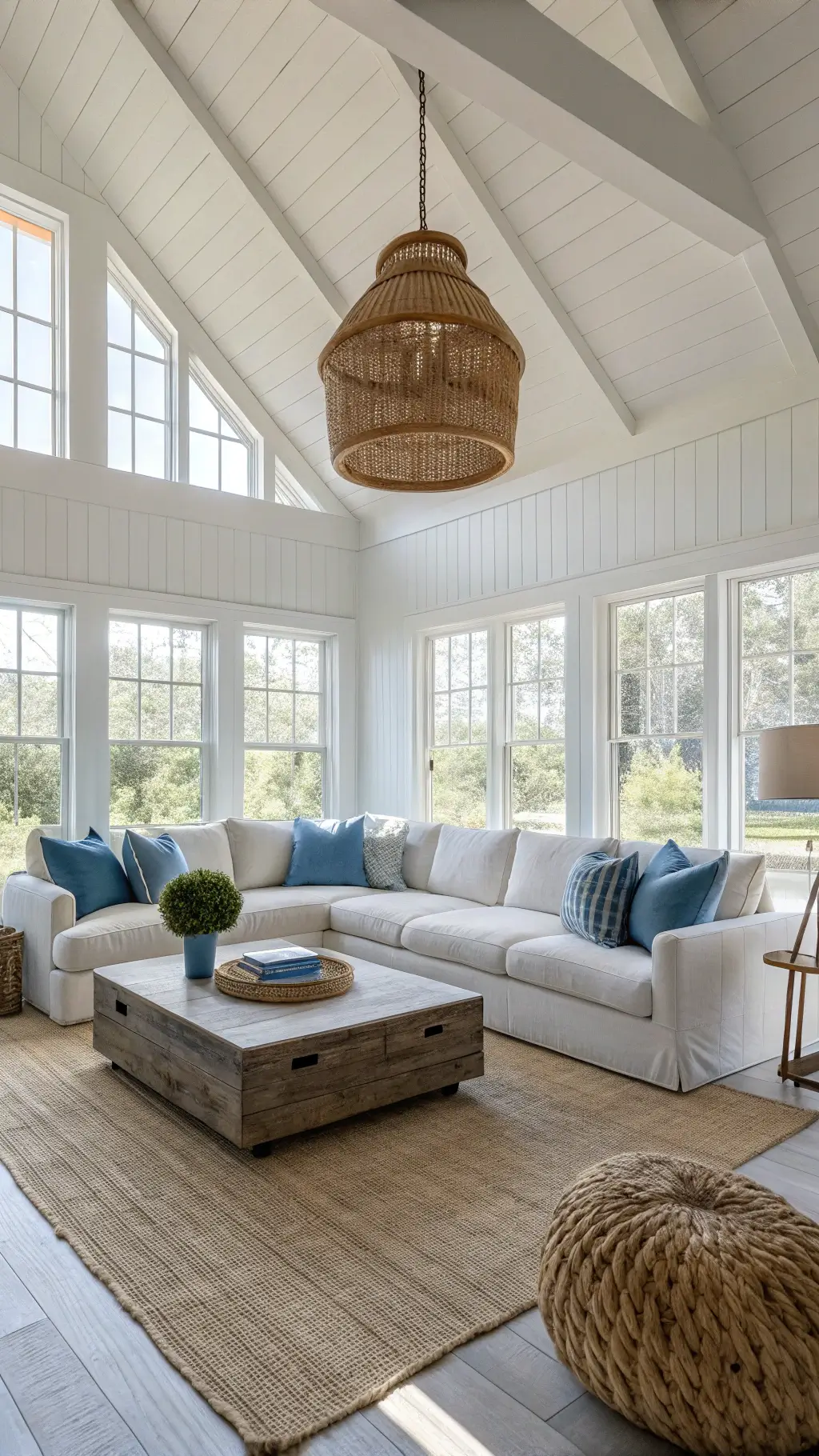 Sunny, spacious living room with white shiplap walls, floor-to-ceiling windows, slipcovered sectional sofa with colorful linen pillows, large oak coffee table, layered rugs, and rattan pendant lamp.