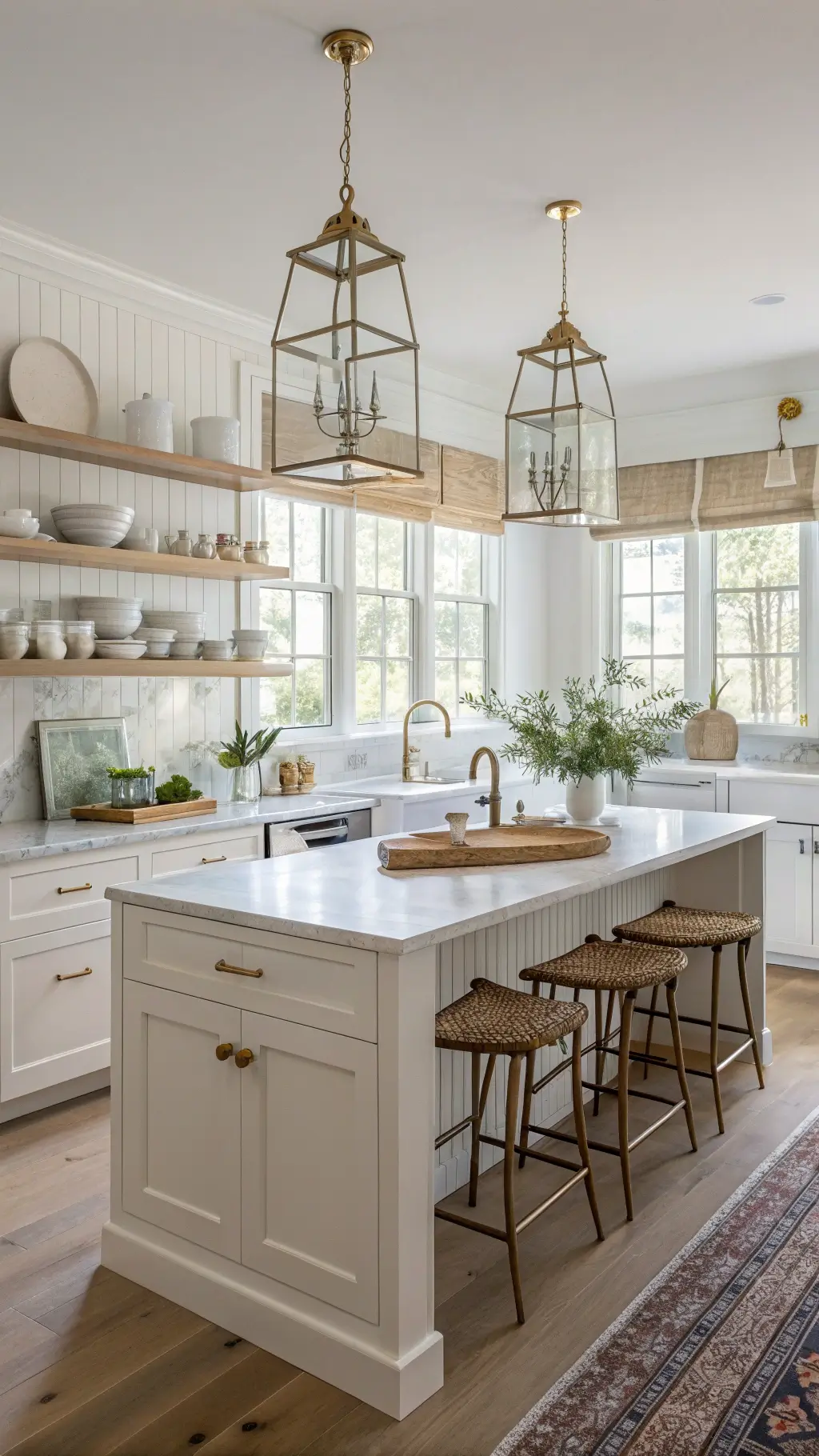 Coastal farmhouse kitchen with white Shaker cabinets, deep farmhouse sink, open shelving displaying ceramics, whitewashed oak island with vintage stools, marble countertops, geometric pendant lights, and windows with sheer linen curtains bathed in afternoon light.