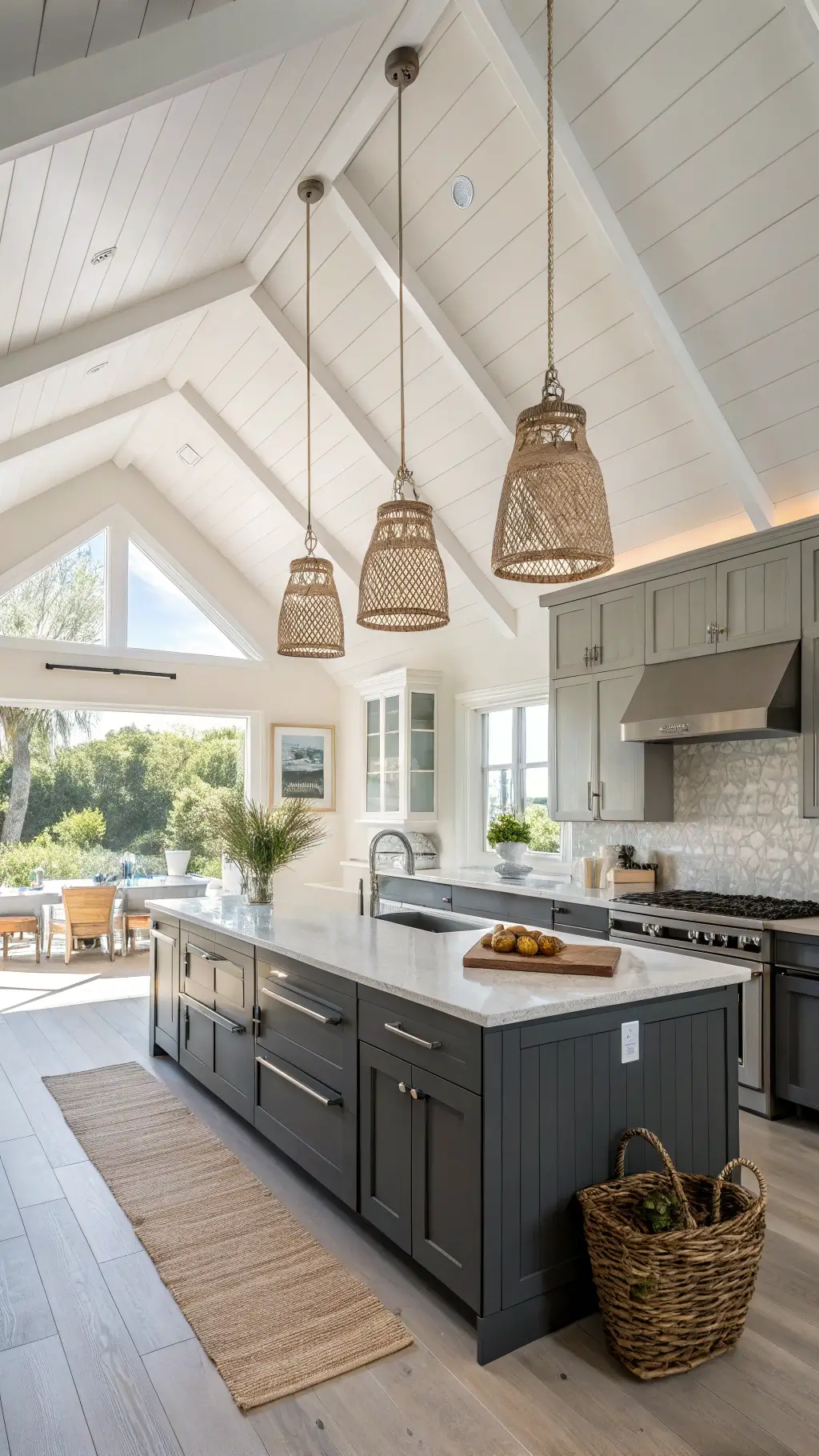 Bright and airy contemporary coastal kitchen with vaulted ceilings, charcoal gray cabinets, white quartzite counters, and rattan pendant lights, shot in midday natural sunlight for an effect of sophisticated elegance.