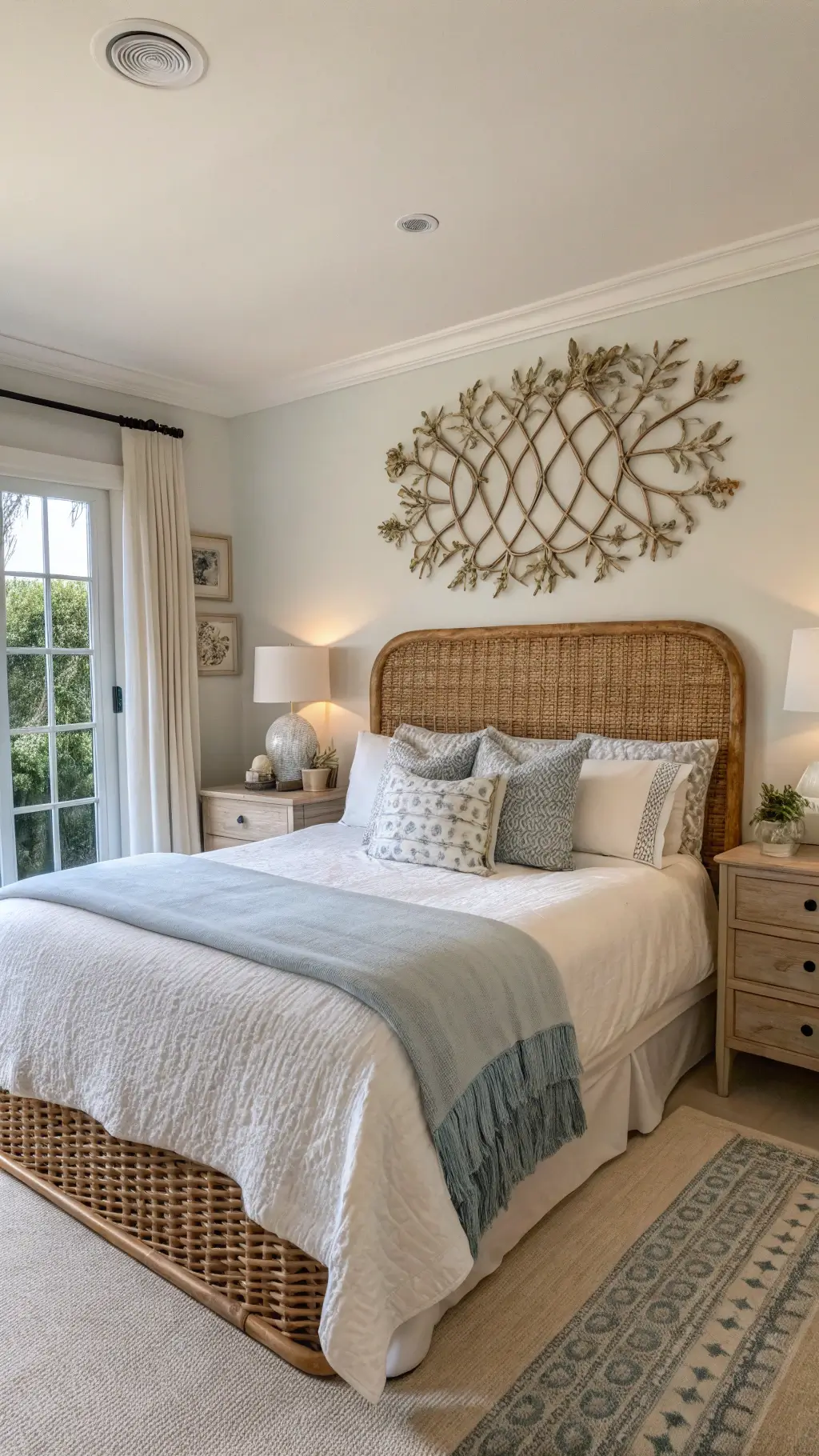 Serene primary bedroom bathed in golden hour light featuring a woven rattan headboard, layered textured throws, driftwood wall art, and ceramic lamps on whitewashed nightstands, shot from a door frame height.